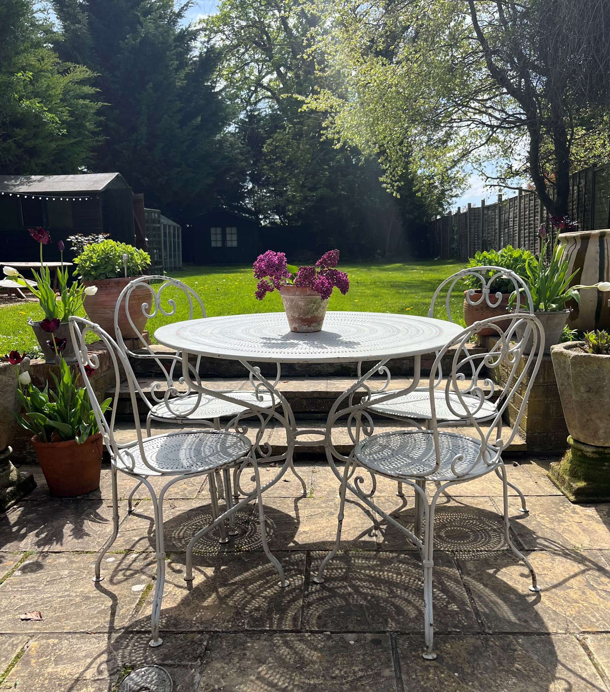 French Mid 19th Century White Garden Table And Antique Chairs