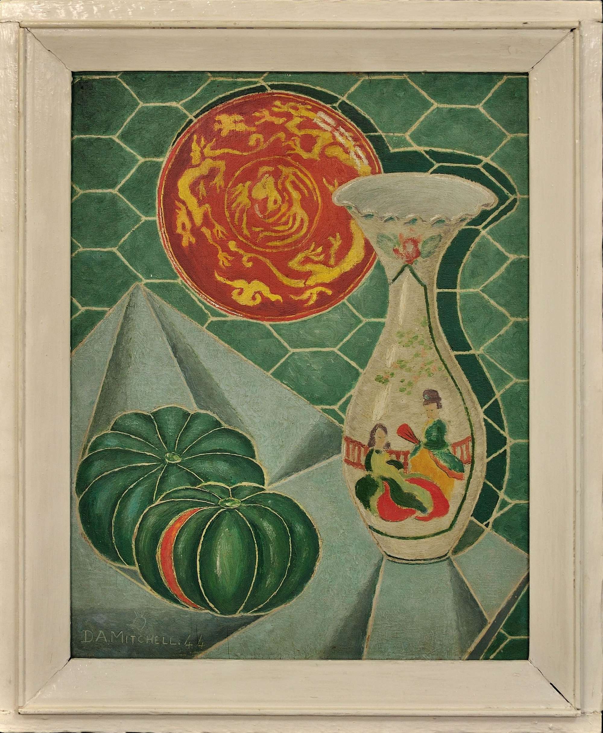 Denis Mitchell 1912 - 1993. Still Life Of Gourds With Japanese Vase And Dragon Plate. 1944