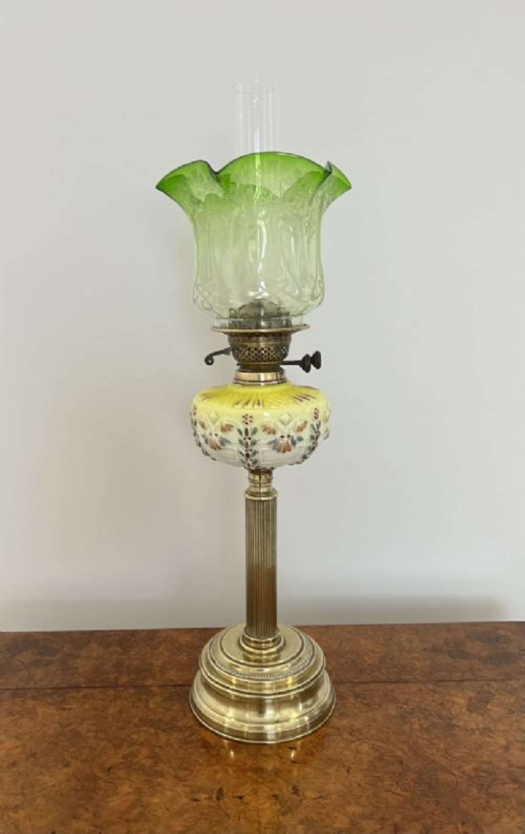 Unusual Antique Victorian Quality Glass And Brass Oil Lamp