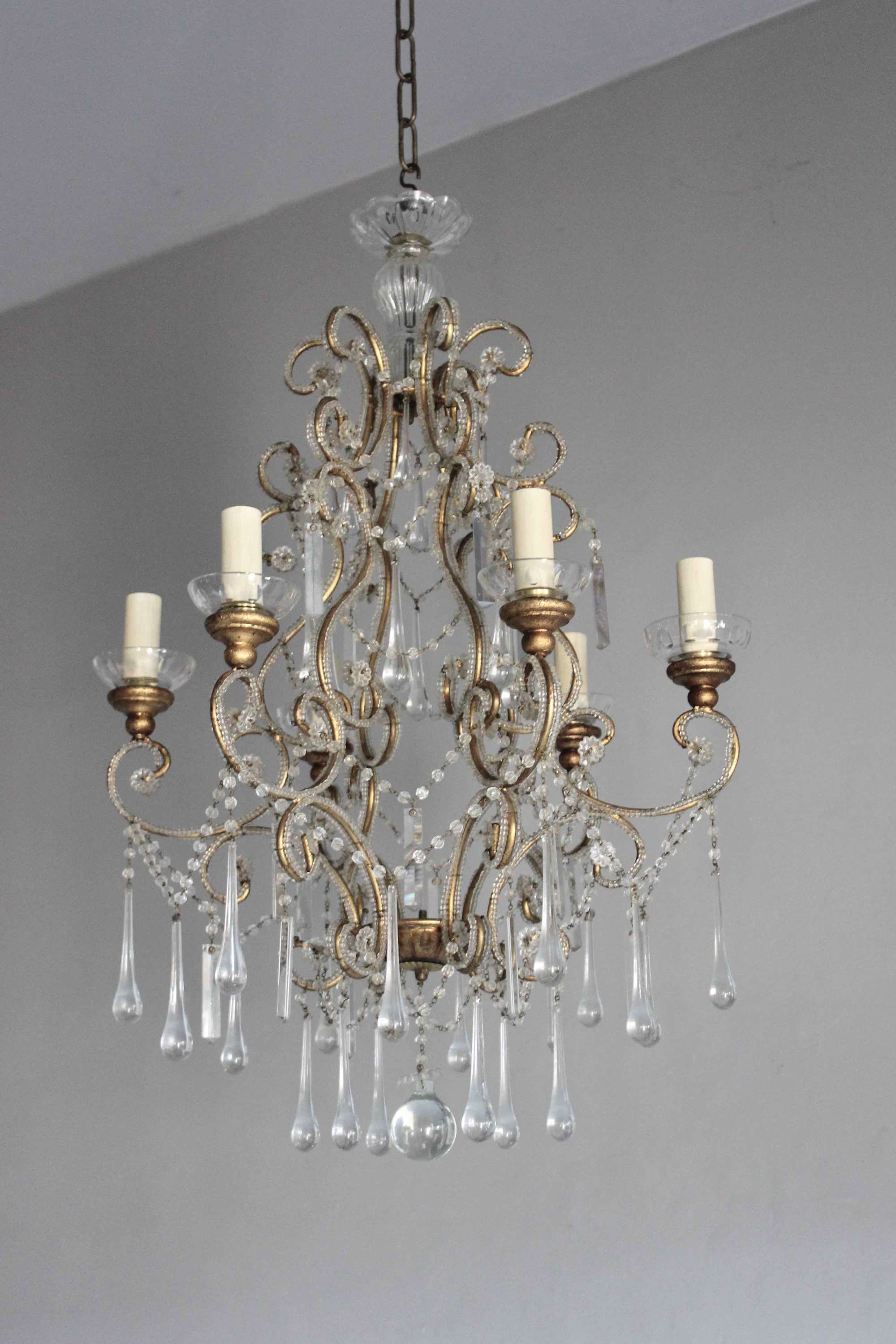 Beaded giltwood and clear glass antique chandelier