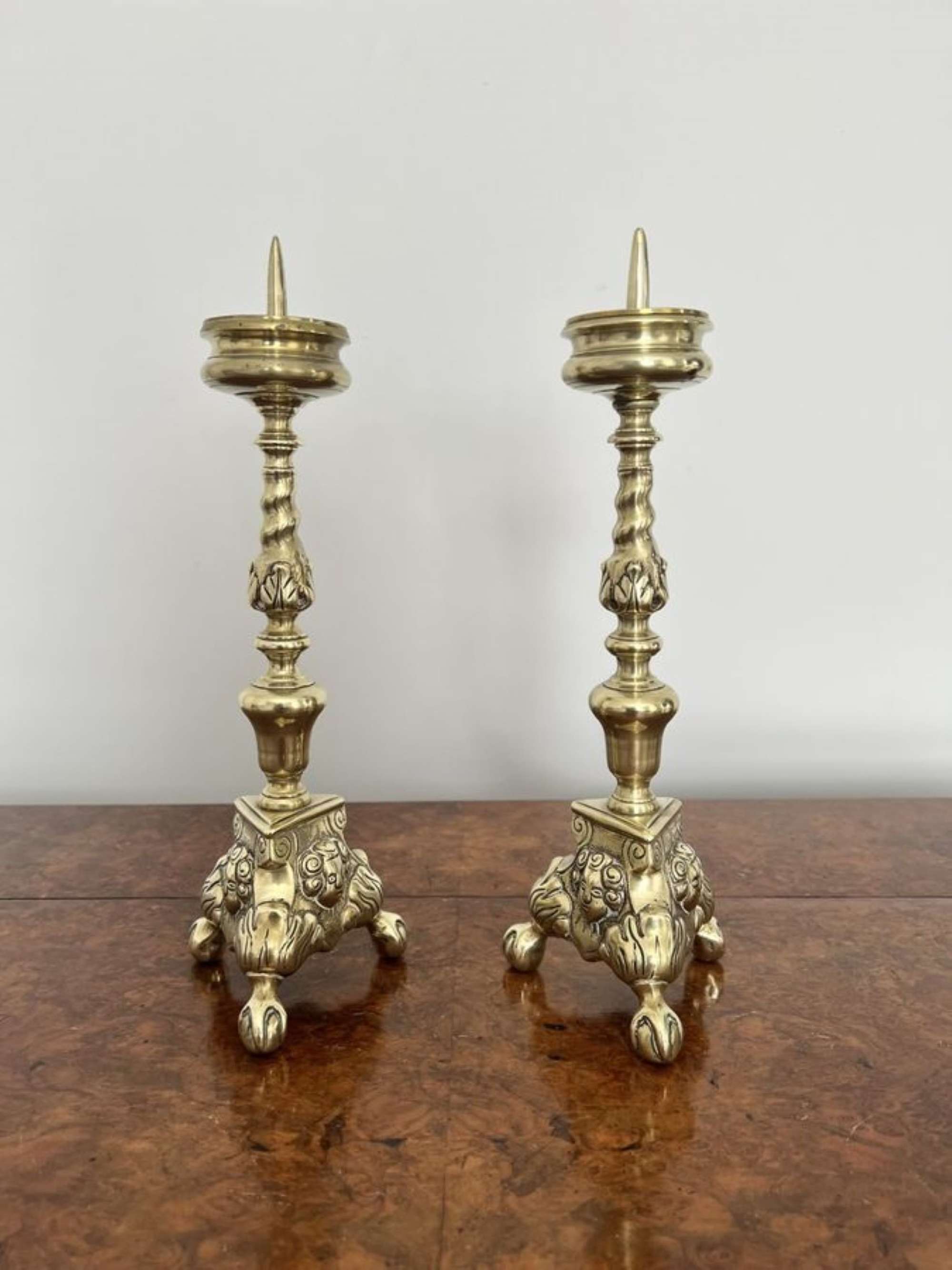 Quality Pair Of Unusual Antique Victorian Ornate Brass Pricket Candlestick