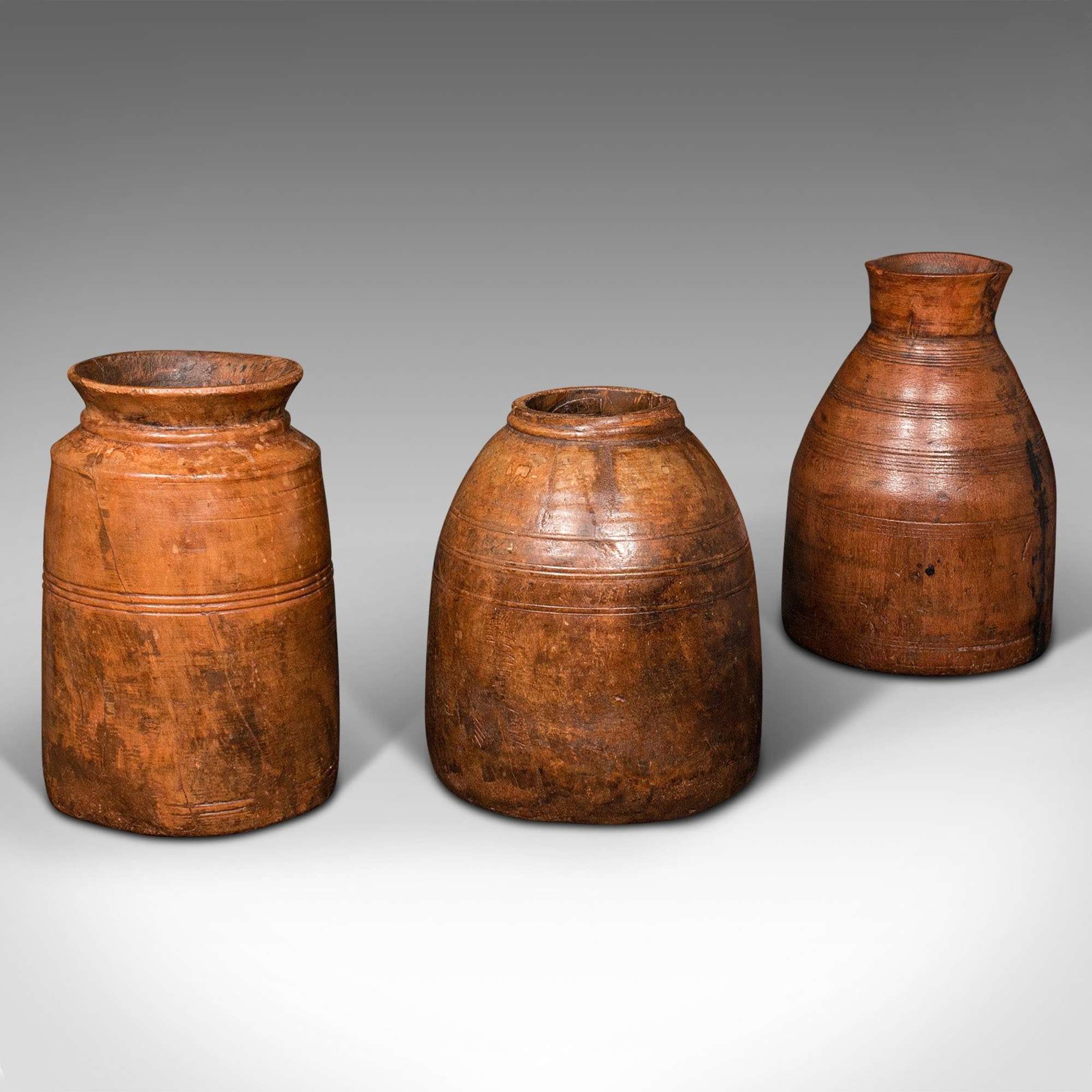 Set Of 3 Antique Tribal Vases, Indian, Hardwood, Rustic, Jars, Urns, Victorian