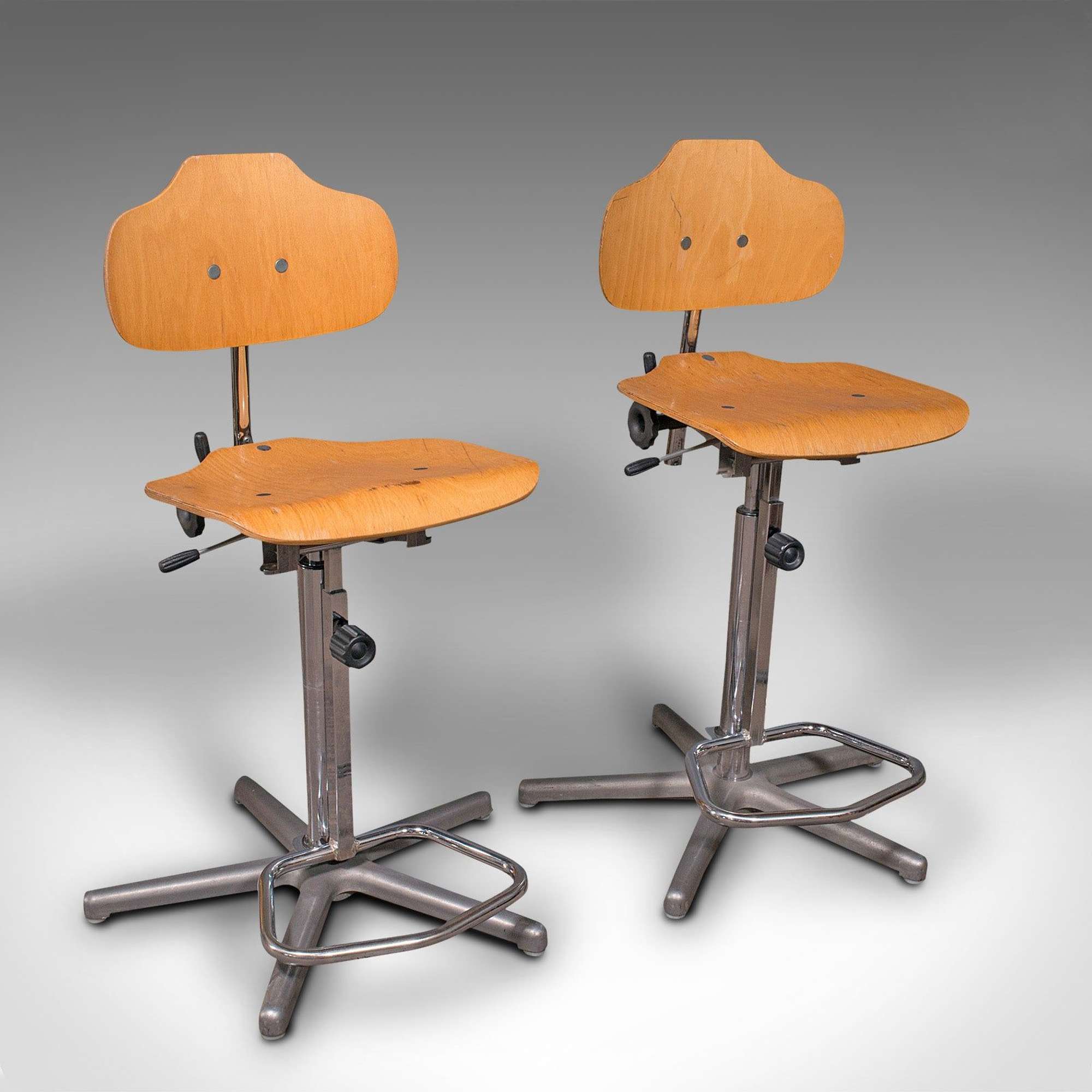 Pair Of Vintage Laboratory Chairs, German, Beech, Adjustable, Bar Stool, Kitchen