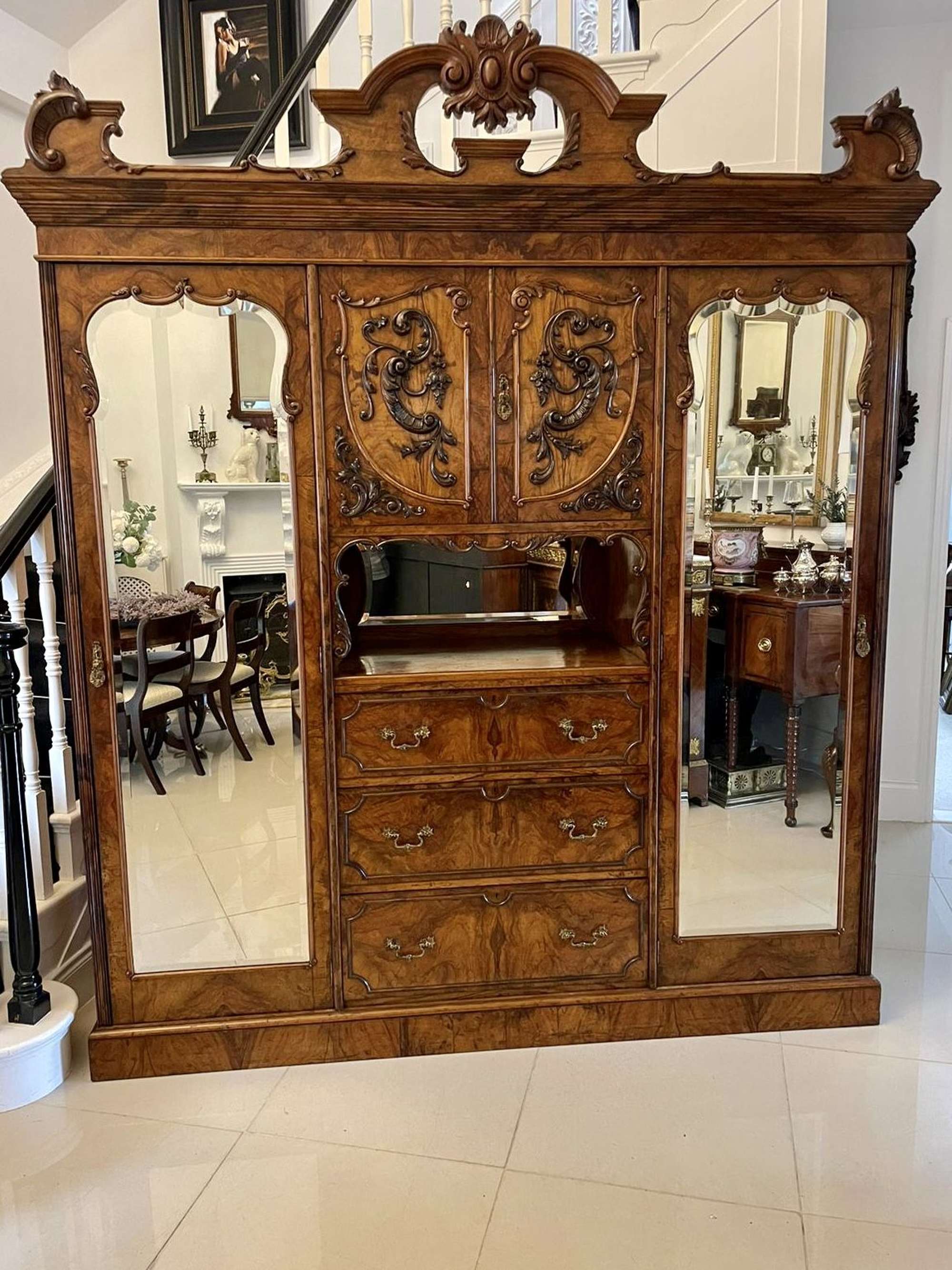 Outstanding Quality Large Antique Victorian Burr Walnut And Olive Wood Carved Wardrobe