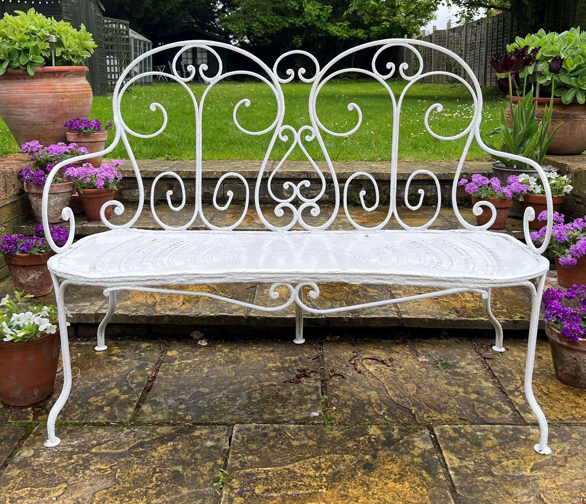 French White Wrought Two Seat Garden Bench