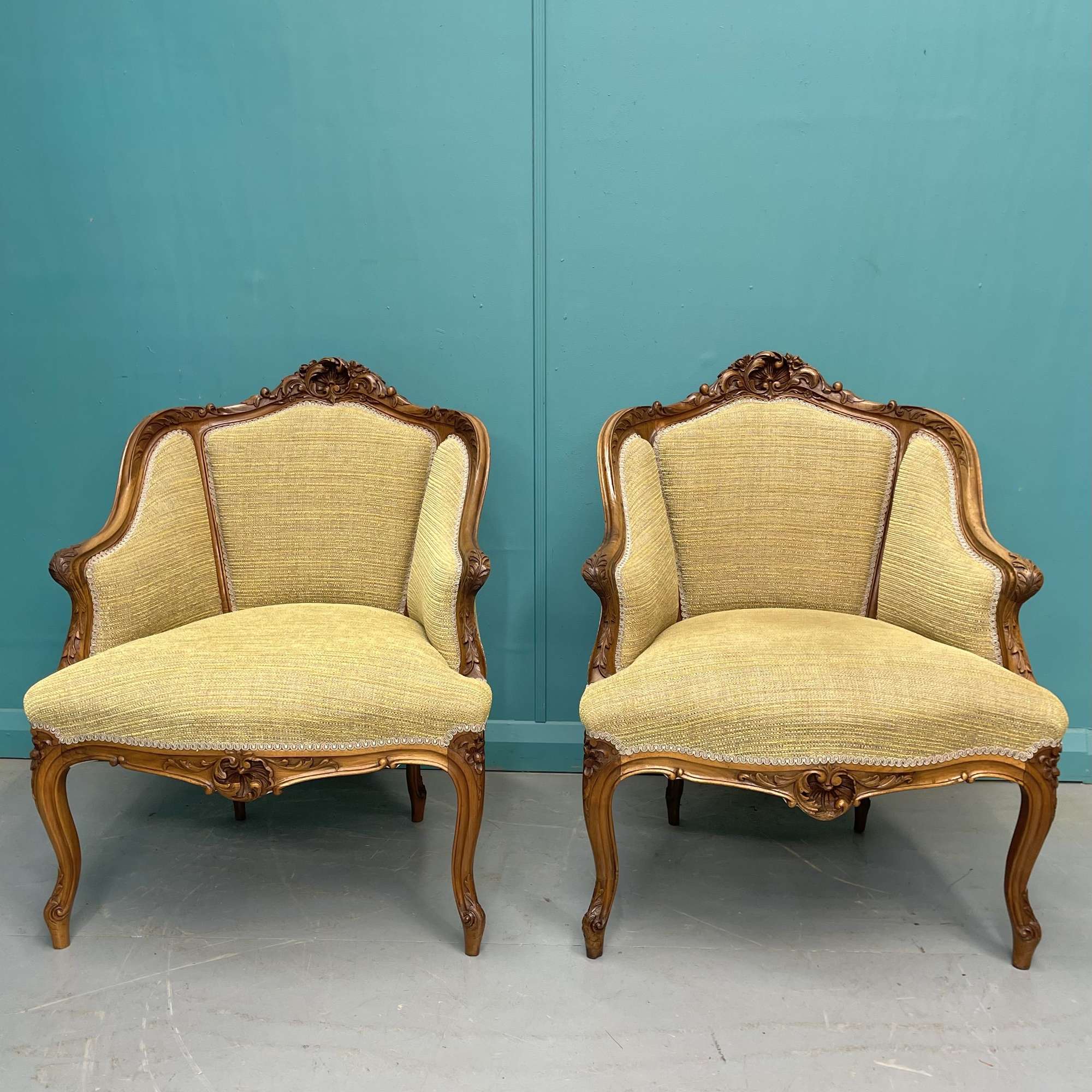 Pair Of French Walnut Low Back Tub Antique Chairs