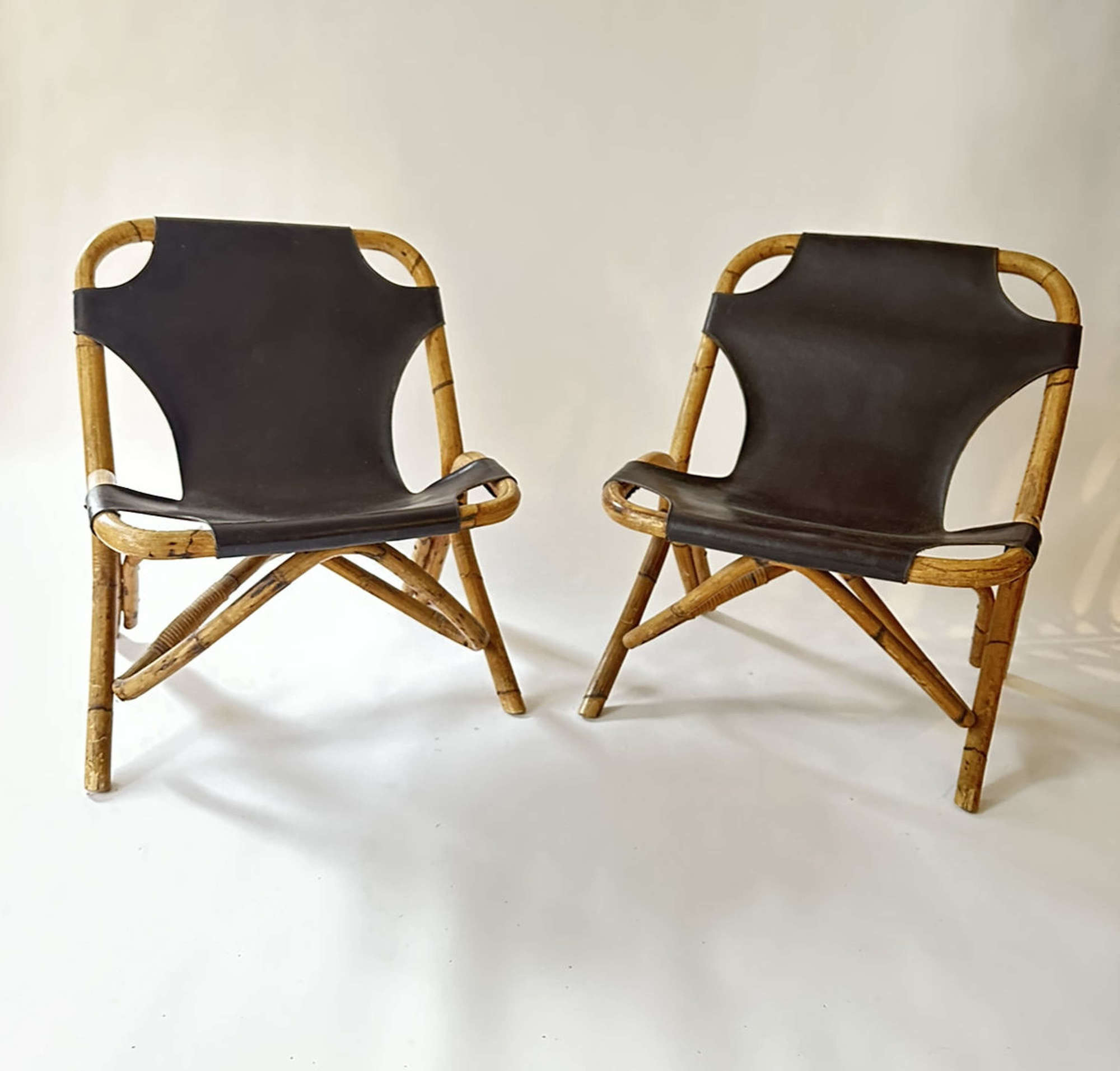 Pair of Leather & Bamboo Chairs - Italy 60s