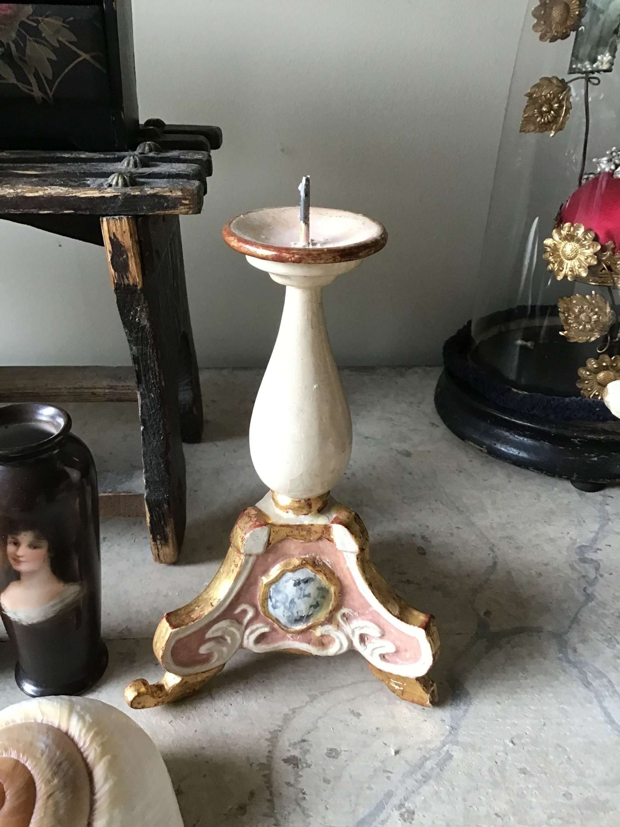 Vintage Florentine painted wooden candlestick