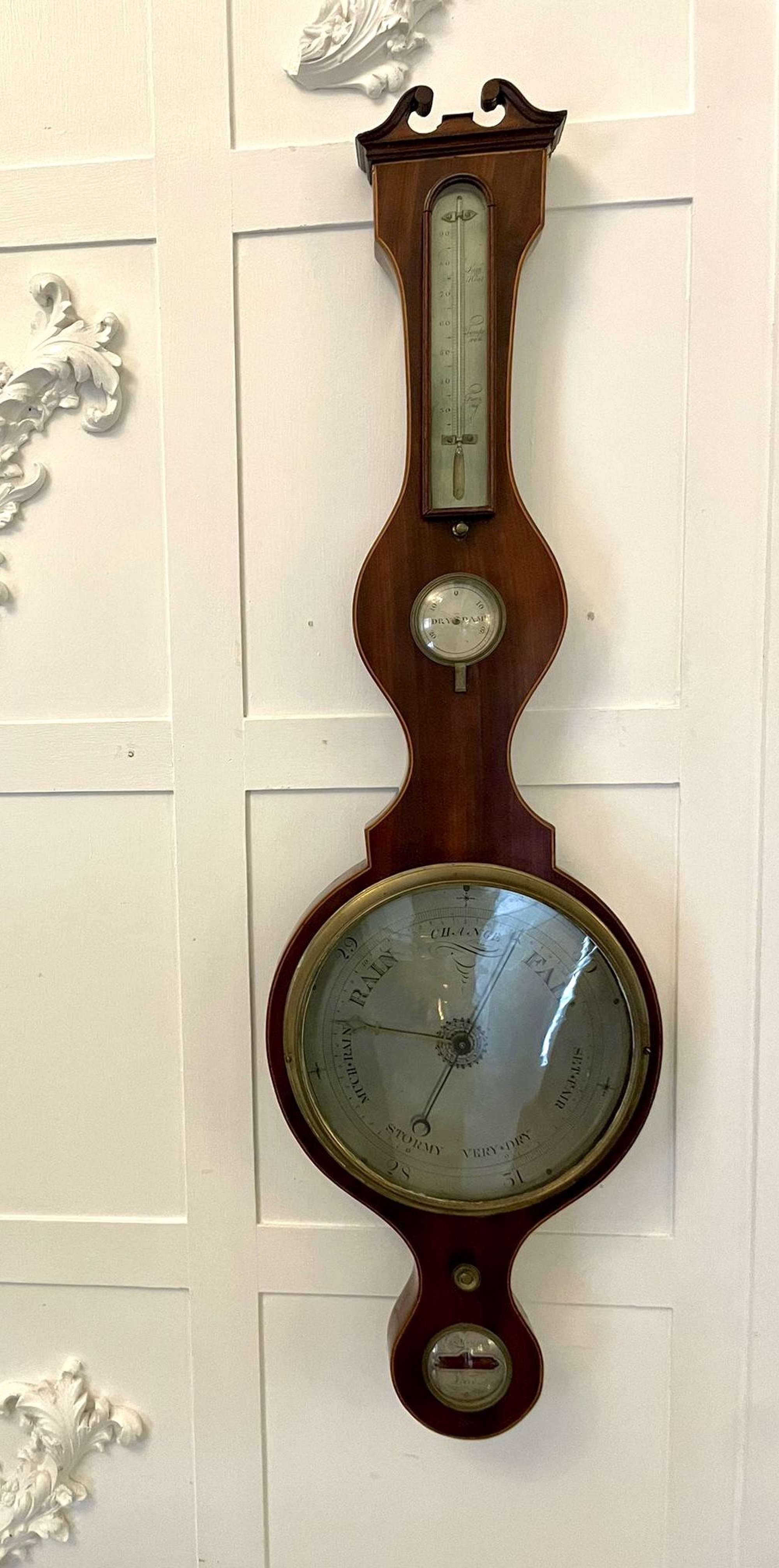 Antique George III Mahogany and Boxwood Inlaid Banjo Barometer