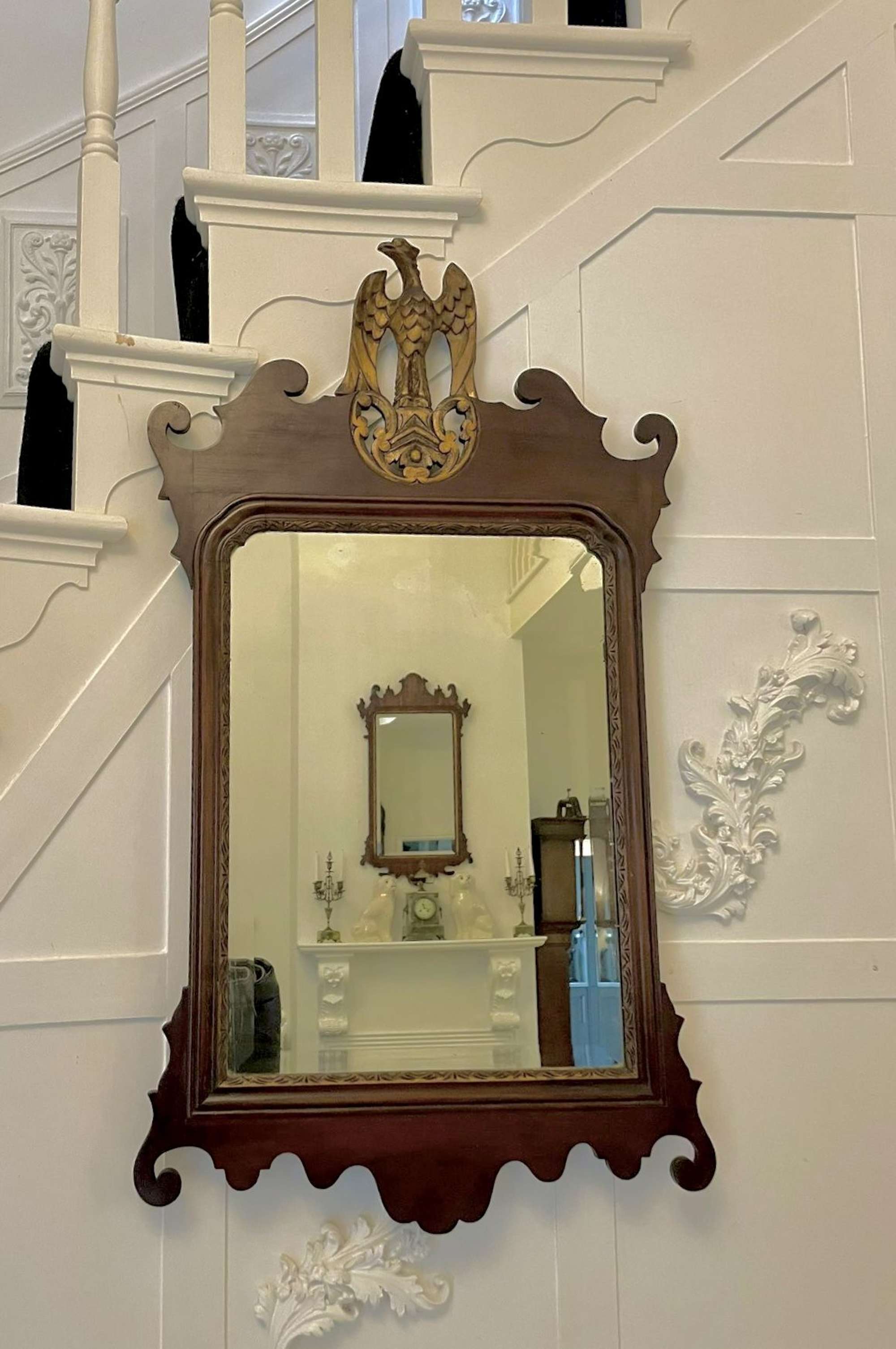 Large Antique Edwardian Inlaid and Gilt Mahogany Fretted Wall Mirror