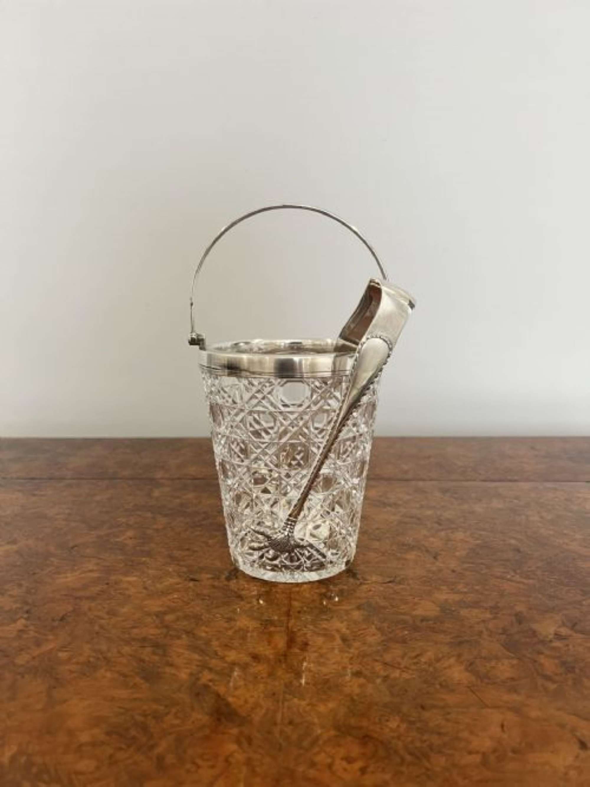 Lovely antique Edwardian quality cut glass ice bucket & tongs