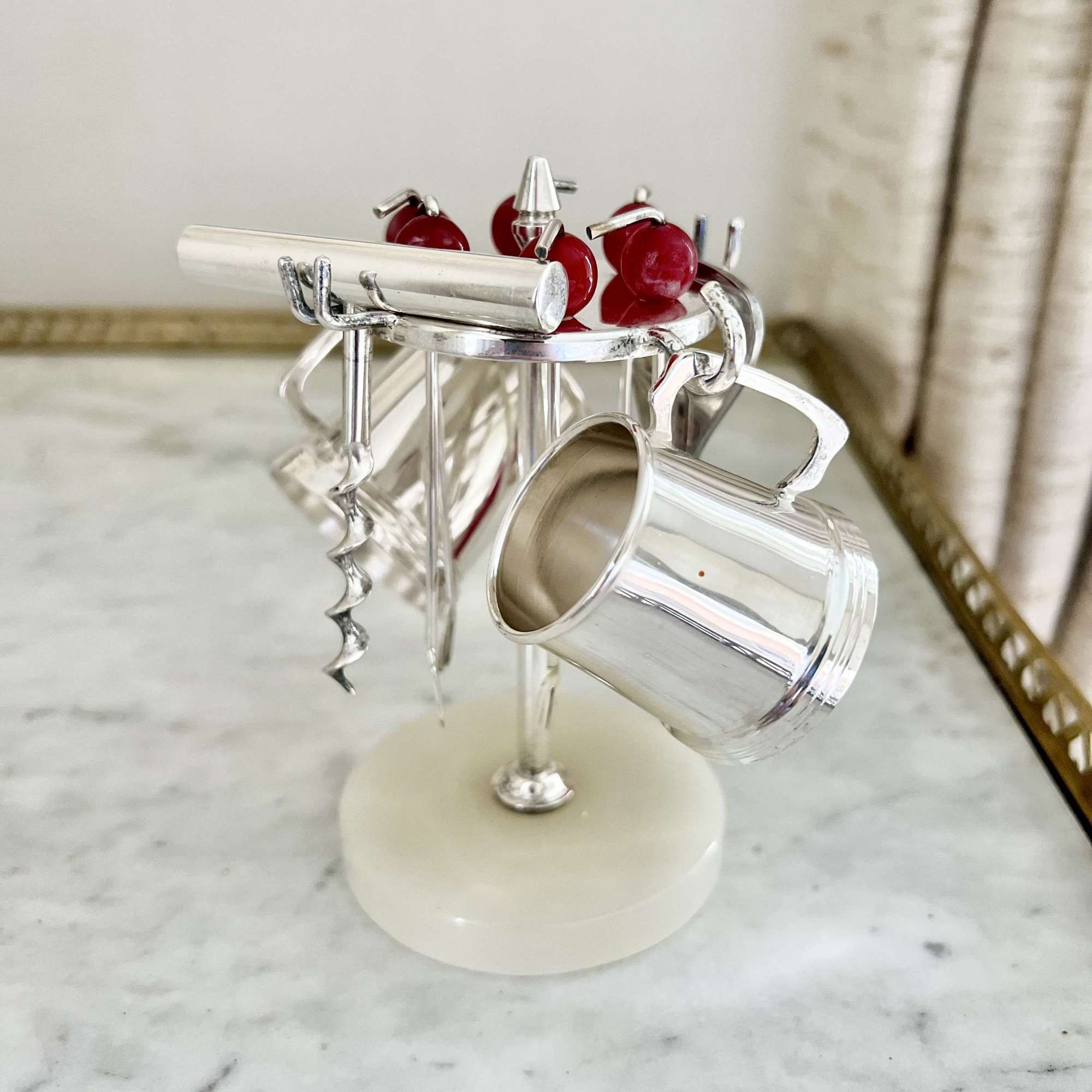 English Art Deco silver plated & onyx cocktail bar tool set