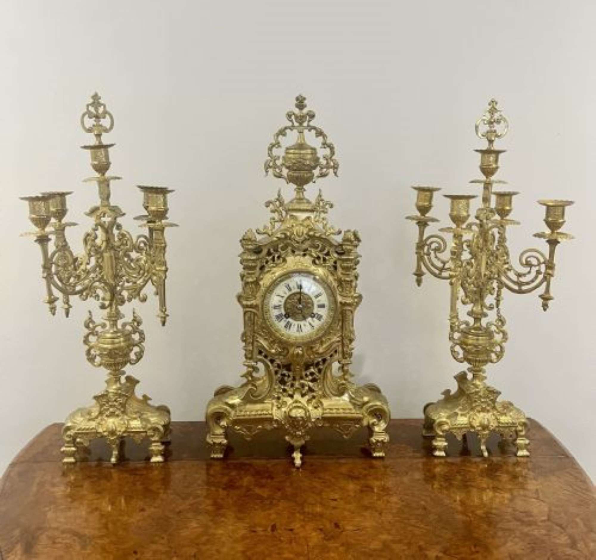 Stunning quality French antique Victorian ornate brass clock garniture