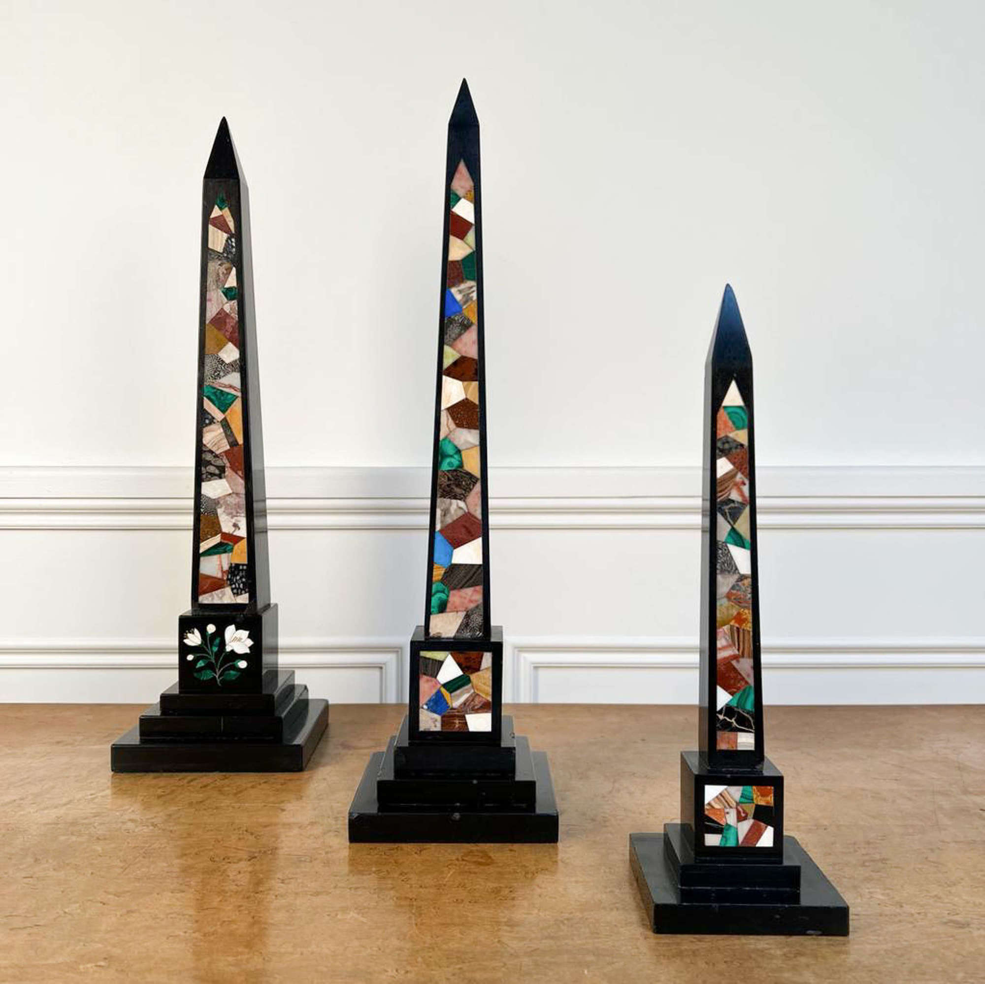 Graduated Set of Ashford Marble Pietra Dura Obelisks