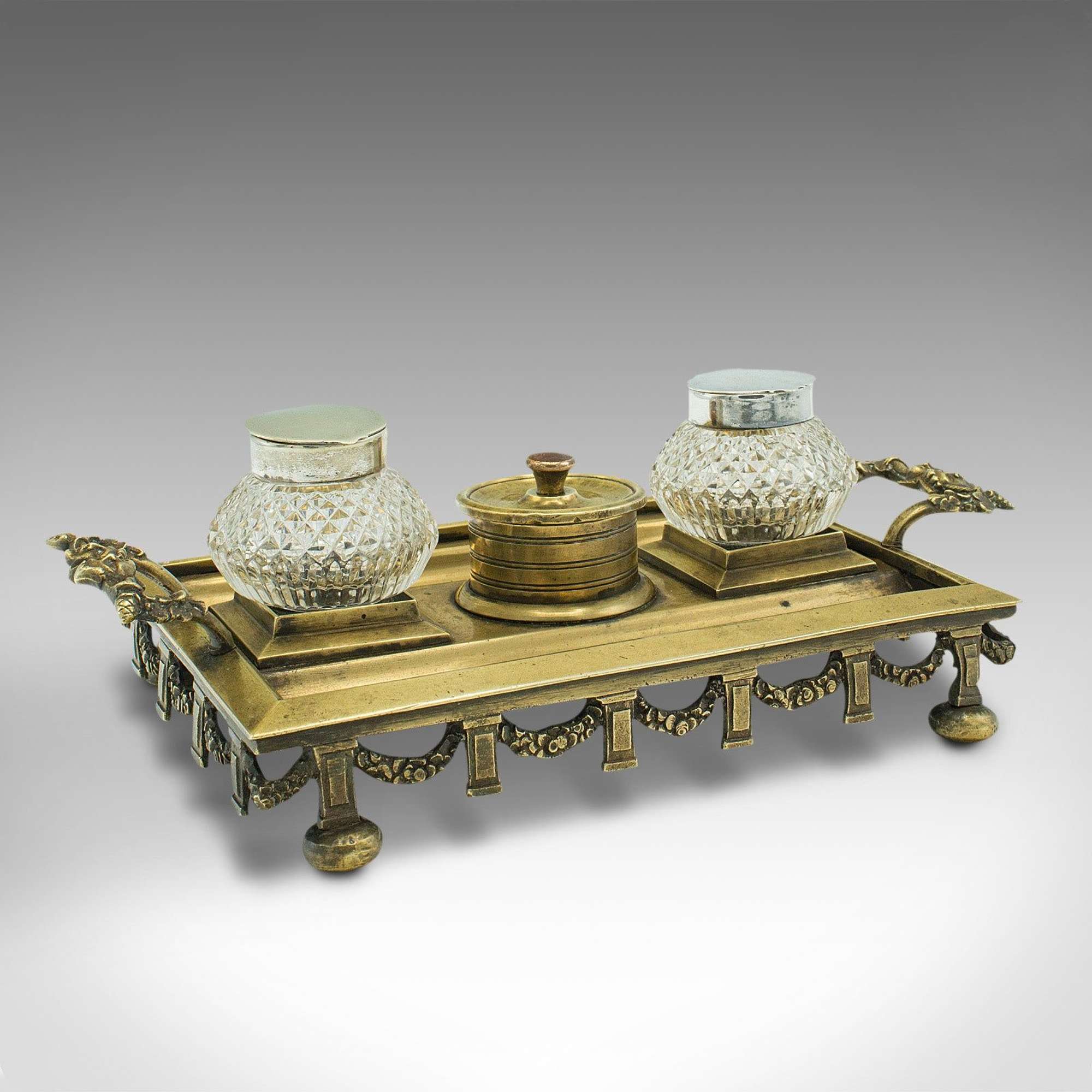 Antique Pen Tray, English, Brass, Silver Plate, Inkwell Stand, Edwardian, C.1910