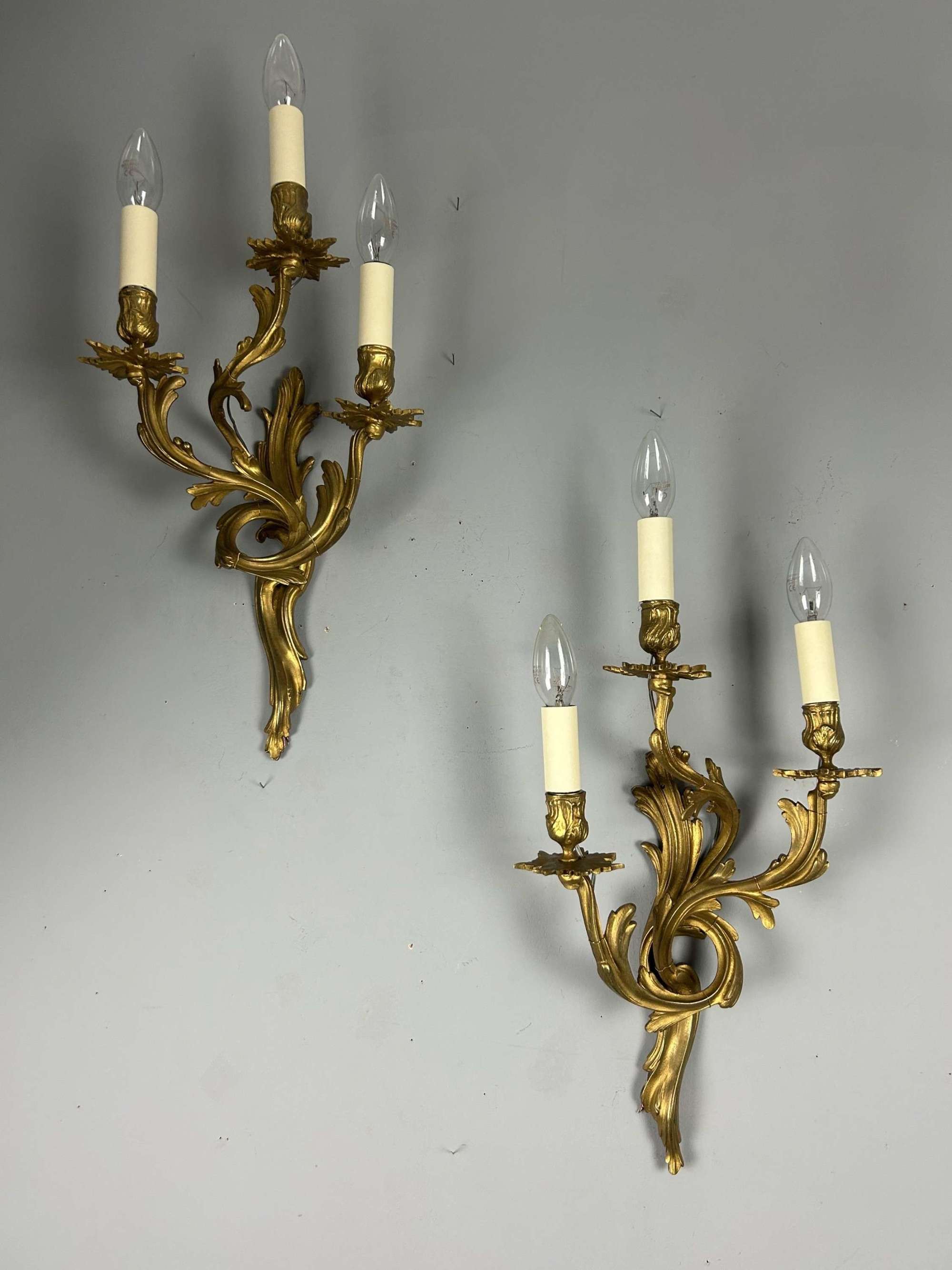 Pair Of French Triple Arm Gilt Brass Wall Lights