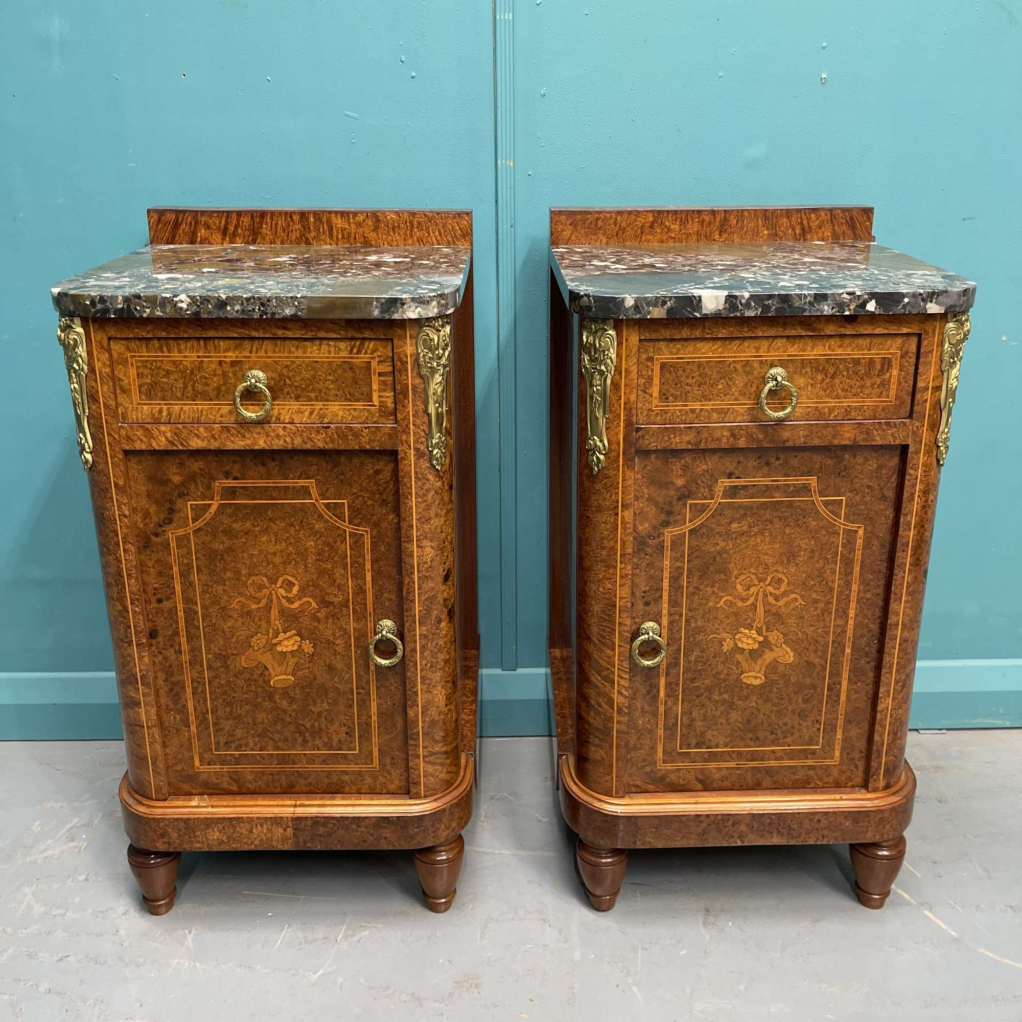 Pair Of French Burr Walnut Antique Bedside Cabinets