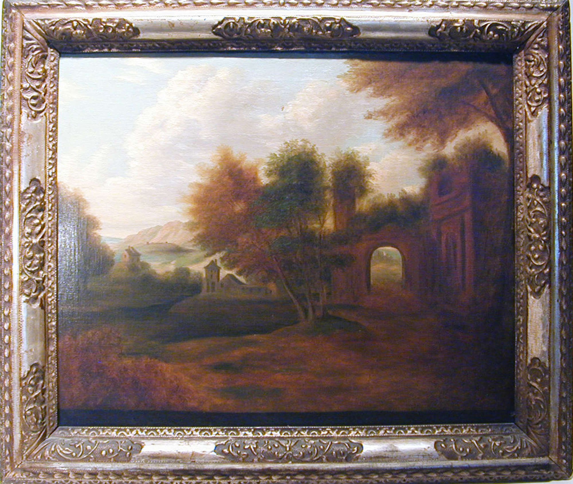 18th century capriccio landscape in silver gilt frame