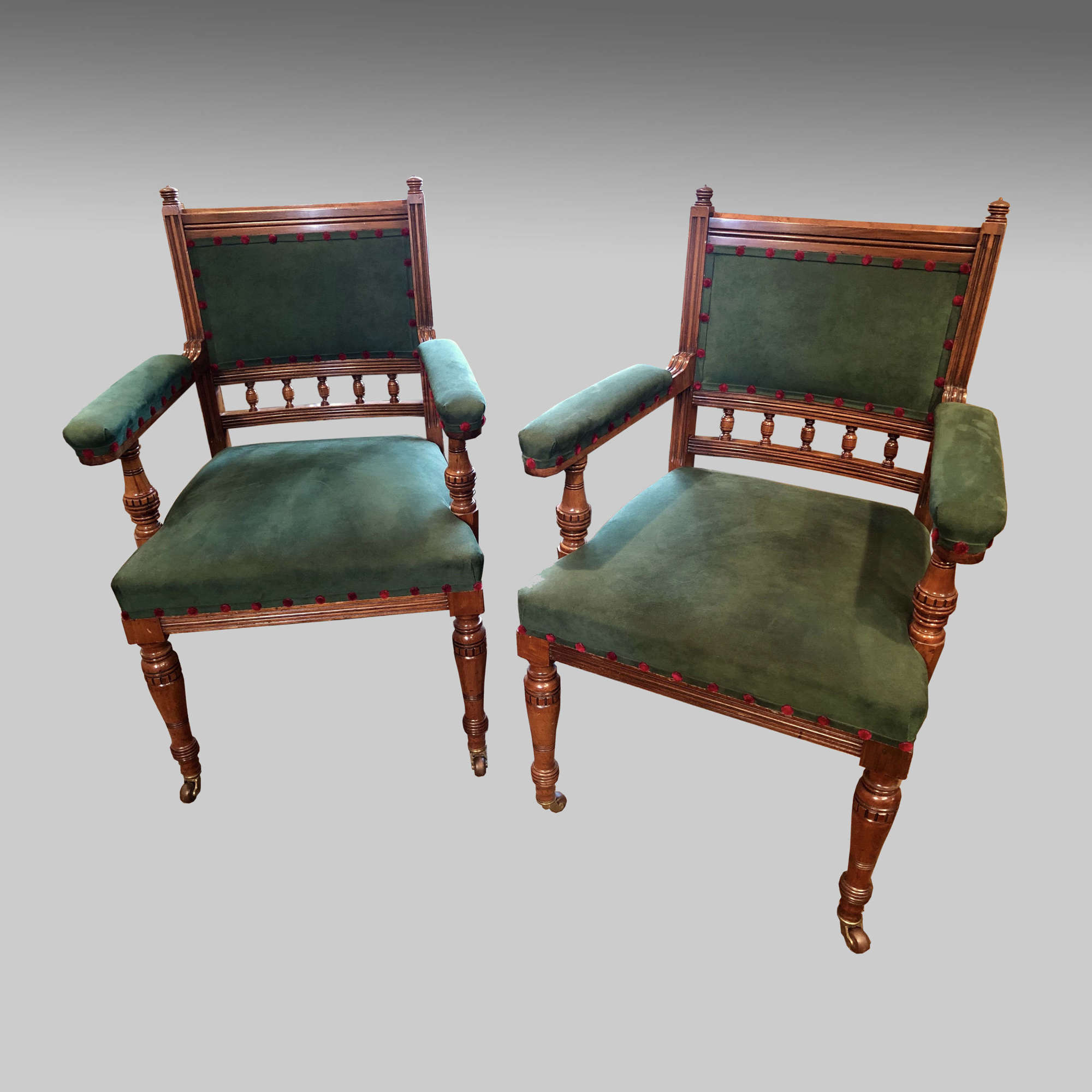 Pr. Scottish 19thC antique walnut armchairs by J & T Scott, Edinburgh