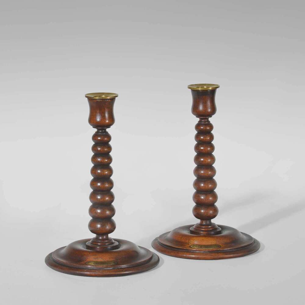 Pair bobbin turned teak candlesticks - Royal Naval yacht HMS Renown