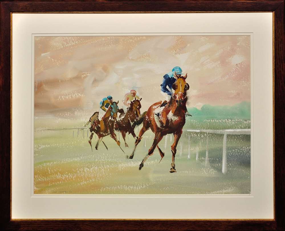 John Rattenbury Skeaping 1901-1980. A Three Horse Race, 1963. Framed Horse Racing Painting
