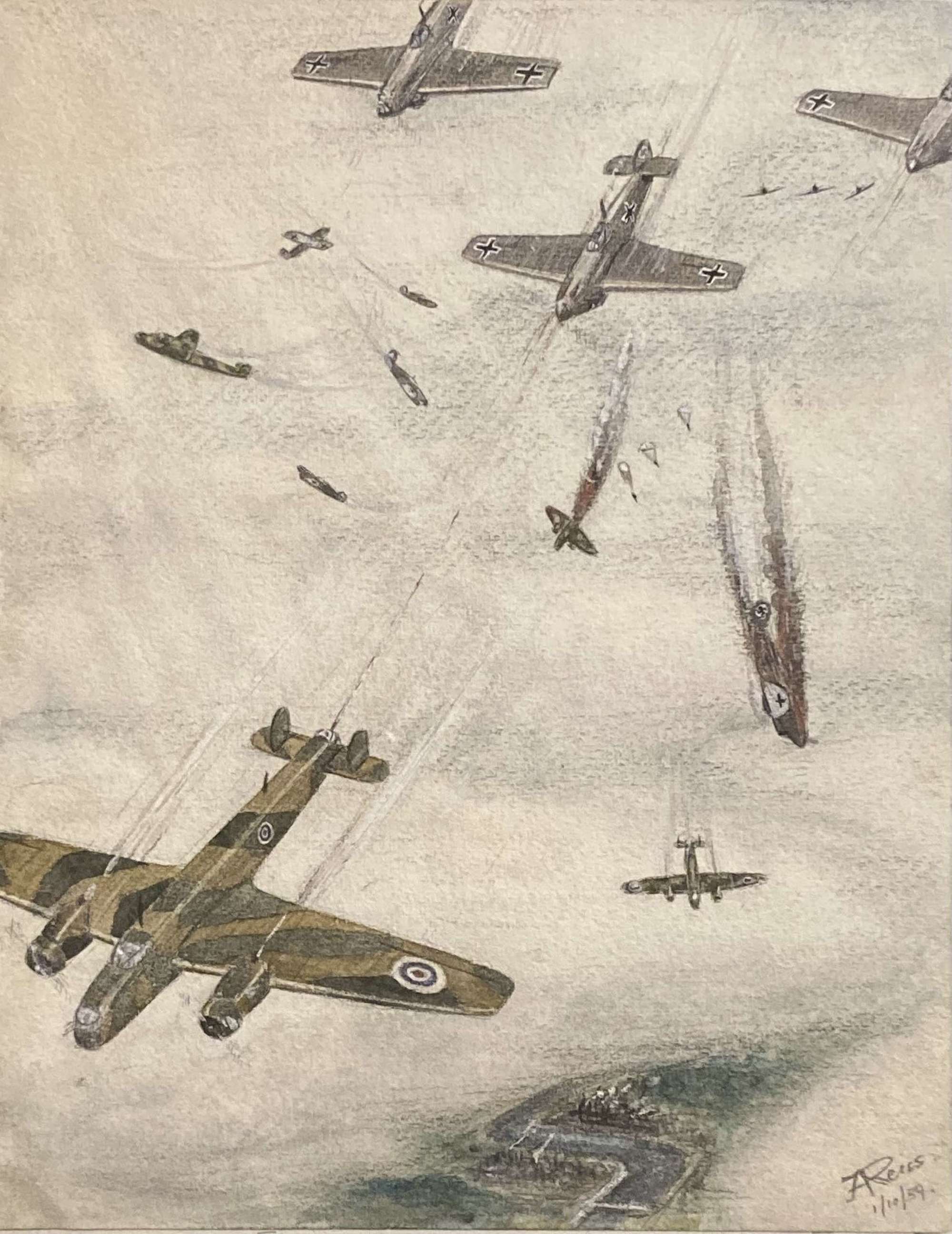 WW2 aerial combat drawing by Capt J A Reiss dated 1st October 1939