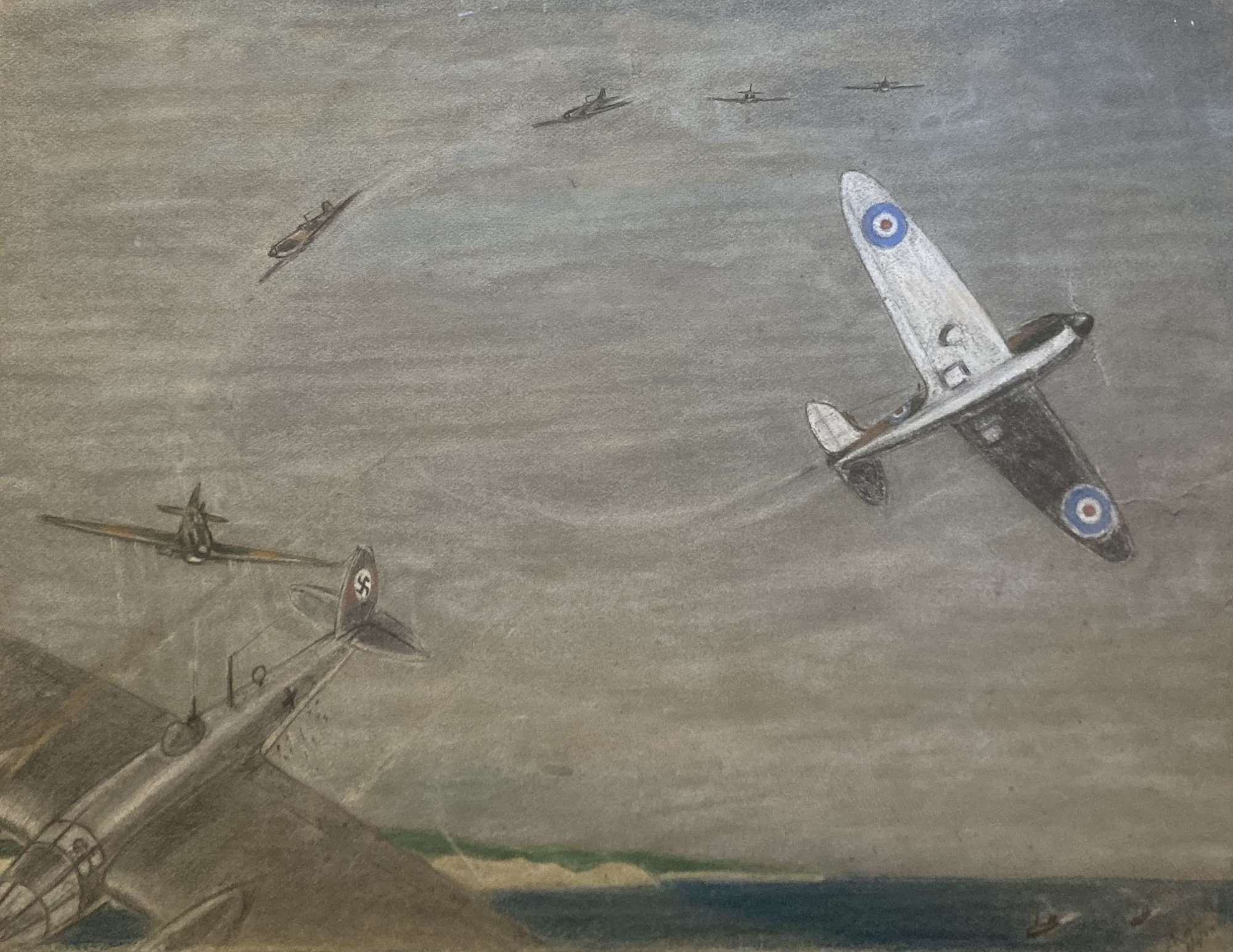 WW2 aerial combat drawing by Capt J A Reiss dated 6th Feb 1940