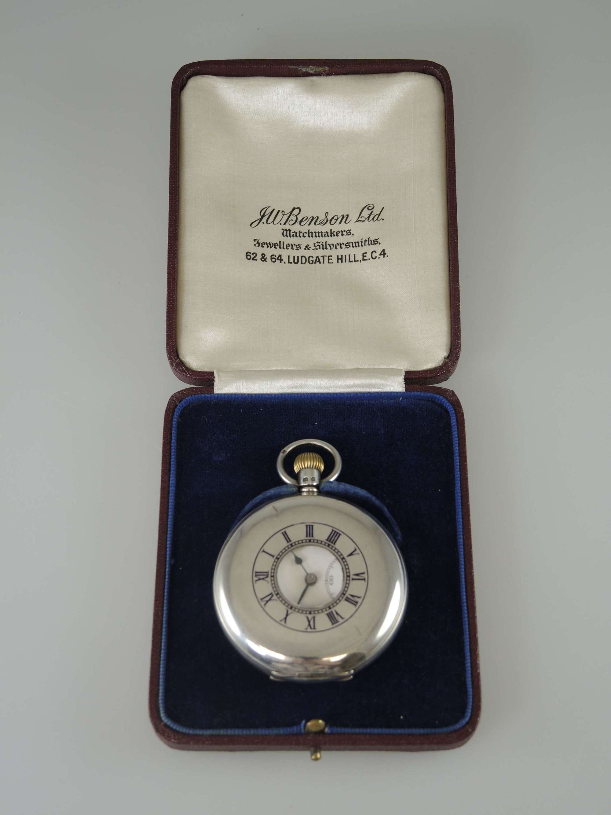 English Silver Half Hunter Pocket Watch by J W BENSON. Orig Box. c1935