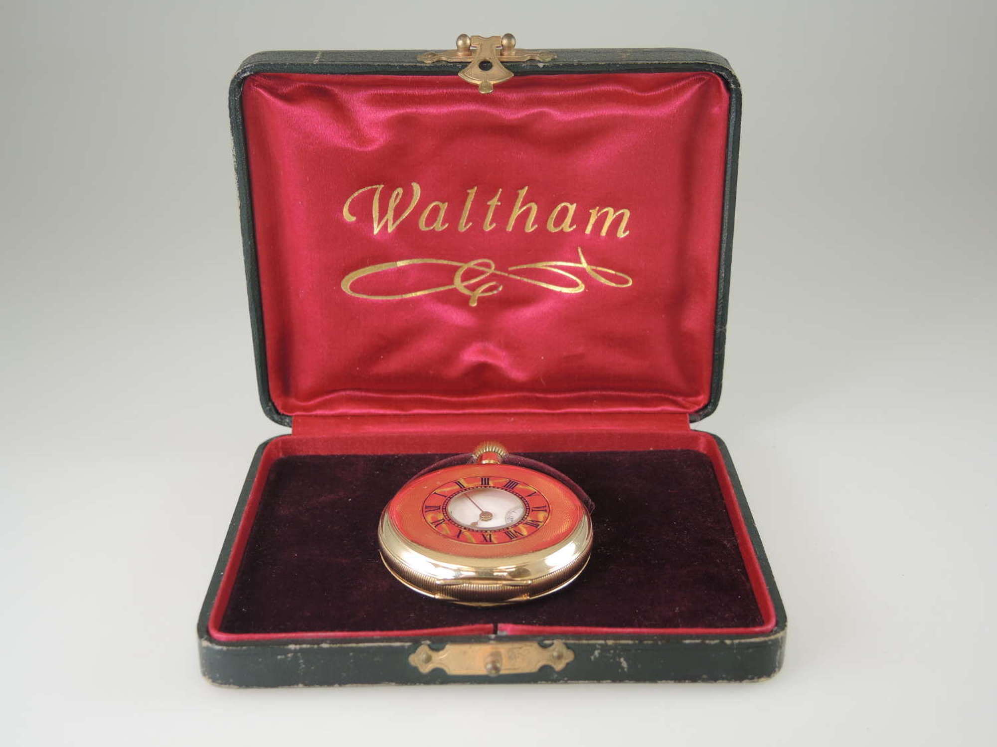 Mint Gold plated Waltham Half Hunter pocket watch With Box c1914