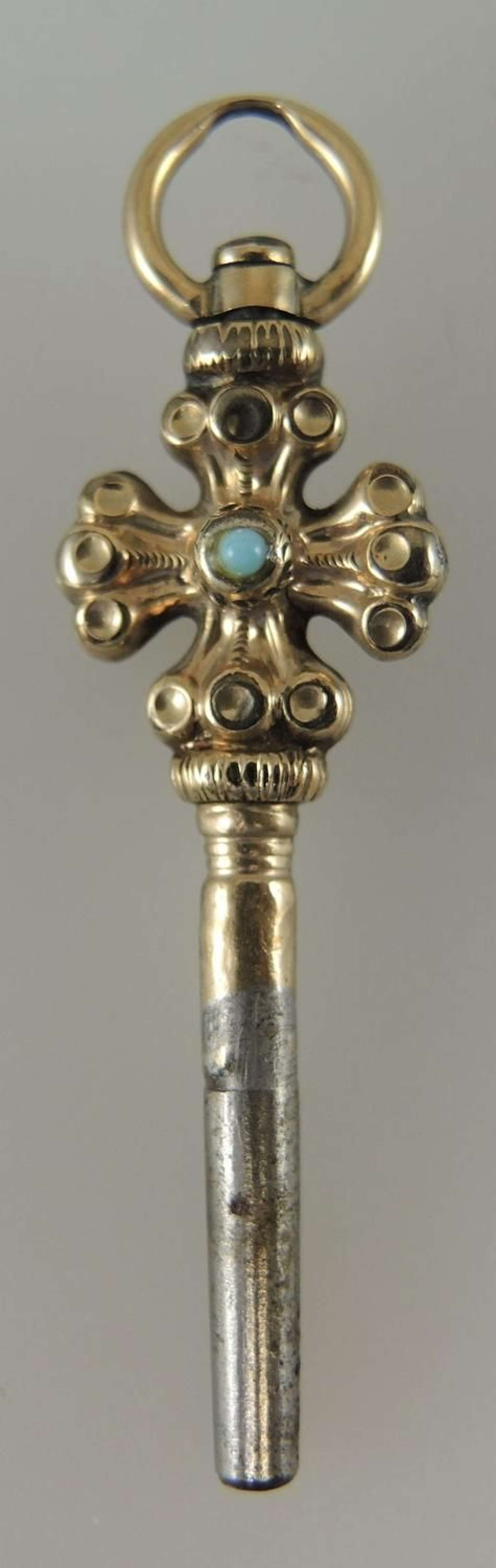 Gilt and Turquoise Set CROSS Pocket Watch Key. Circa 1880