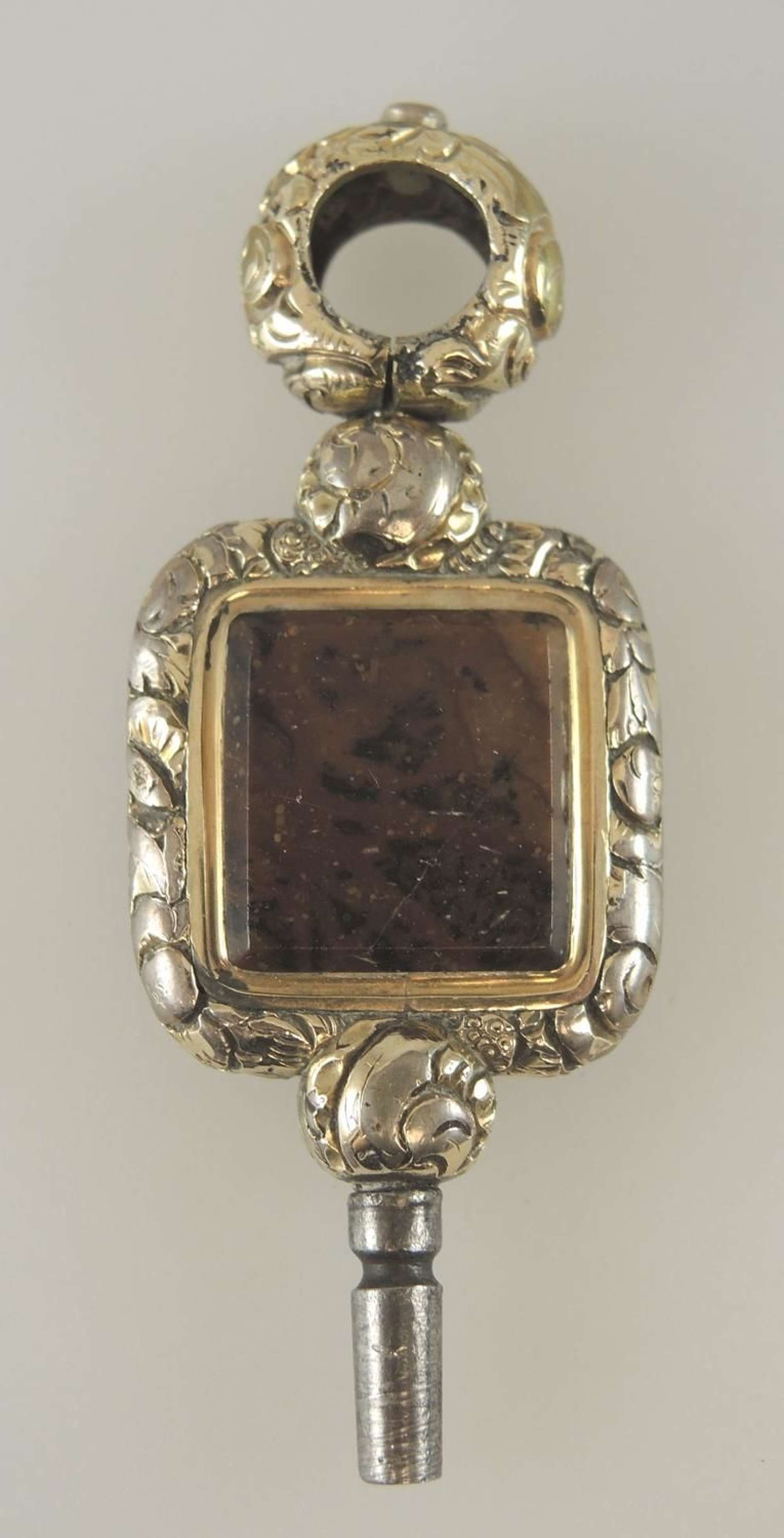 Large Gold cased pocket watch key set with a moss agate stone c1890
