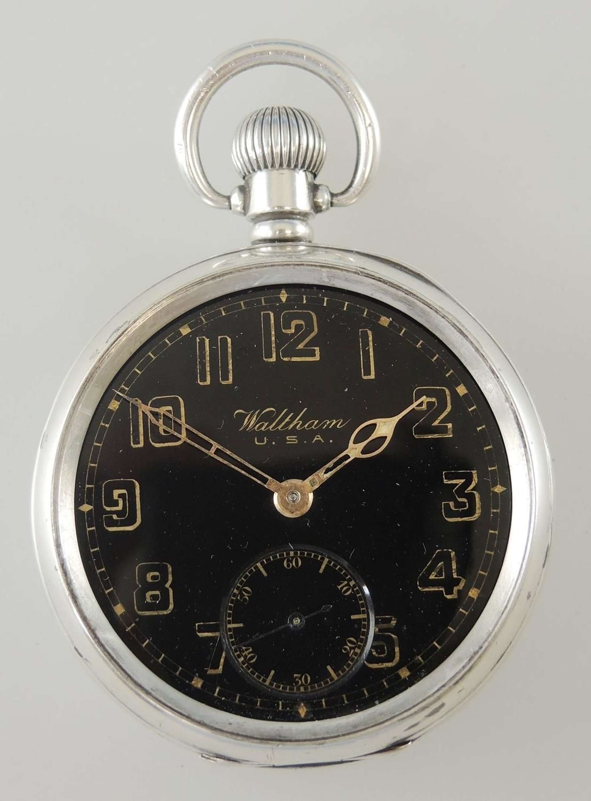 English Silver Waltham Pocket Watch with Original Black Dial. c1918