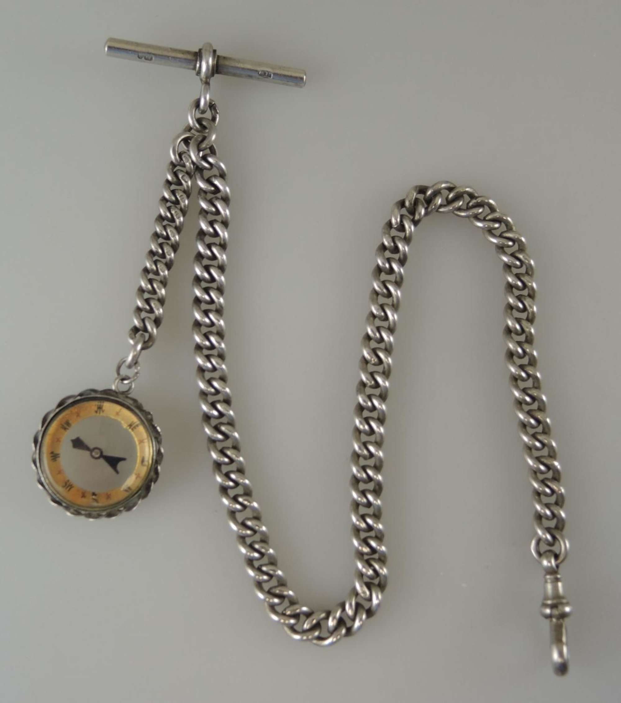 English Silver Albert Watch Chain with Compass Fob. Birmingham 1892