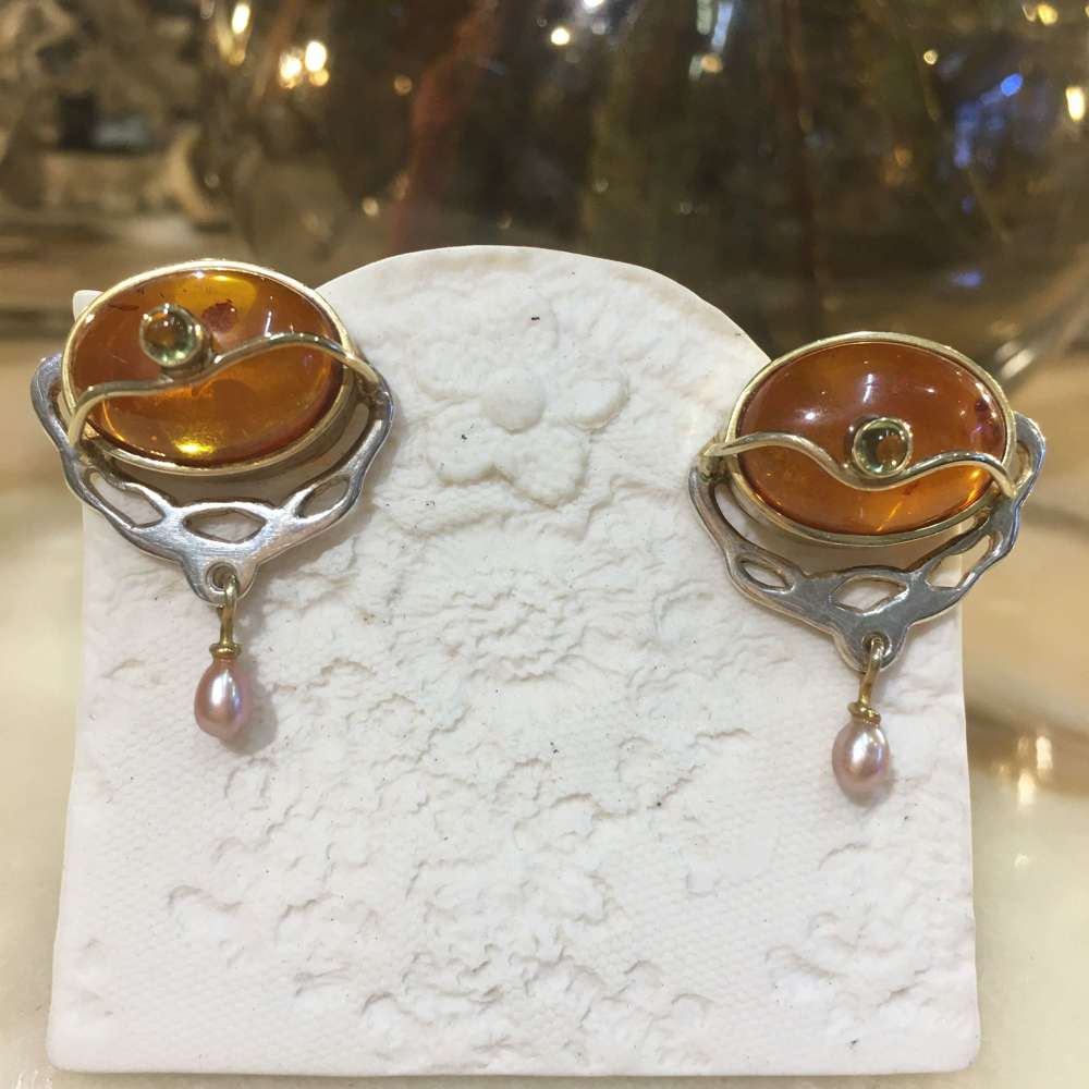 Gold vermeil, silver, amber and peridot post earrings