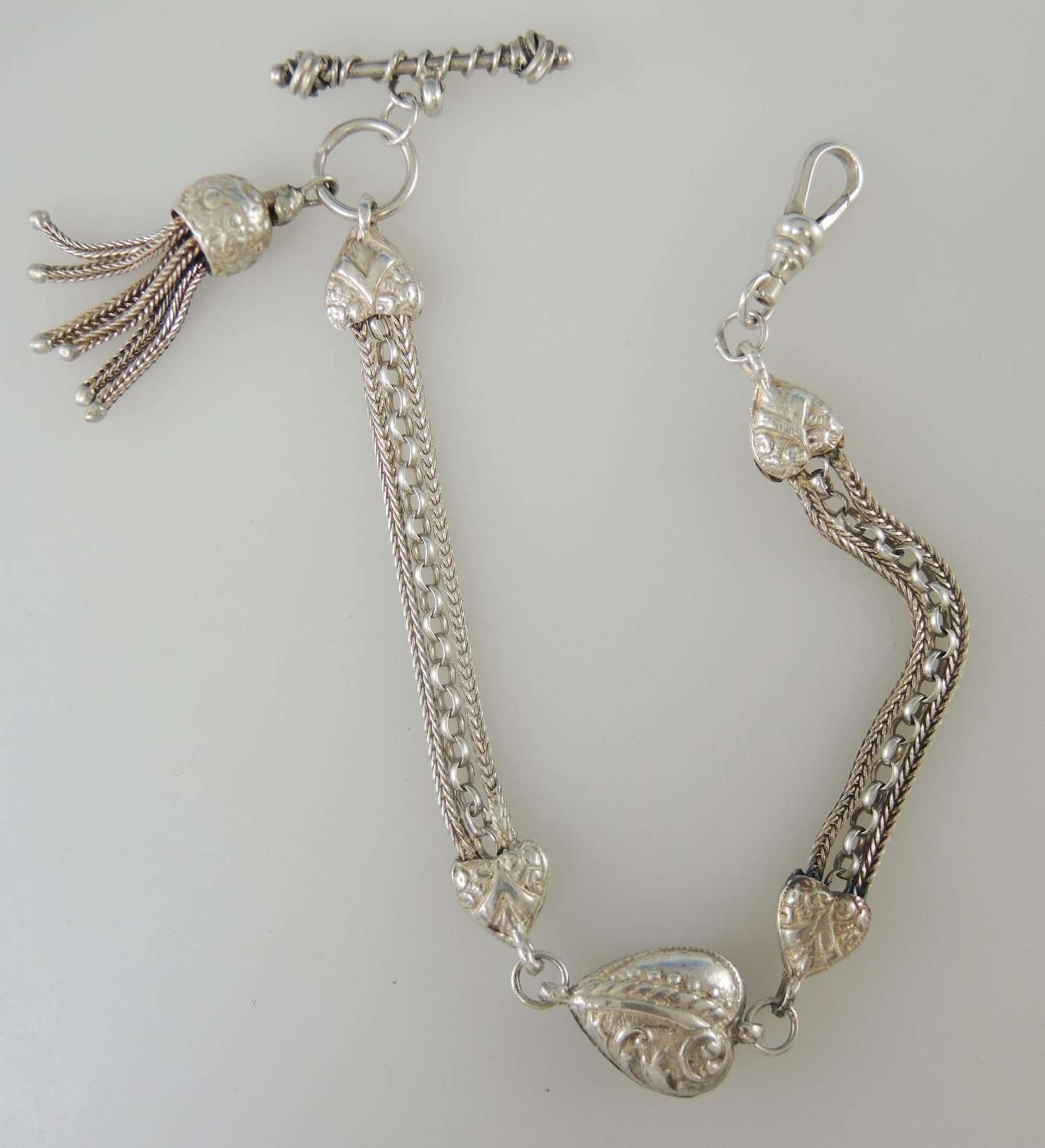 Silver Fancy Albertina with Heart shaped Links. Circa 1890