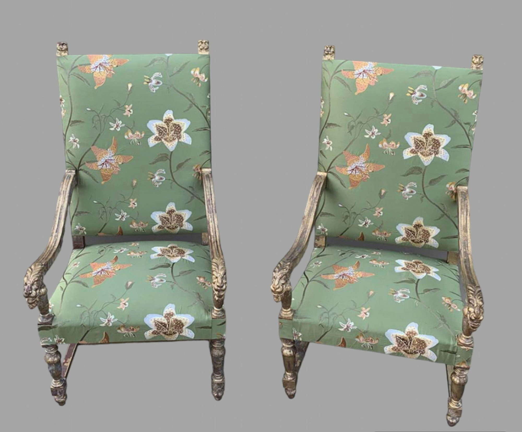 A Fabulous Pair of Distressed Gilt Framed Armchairs