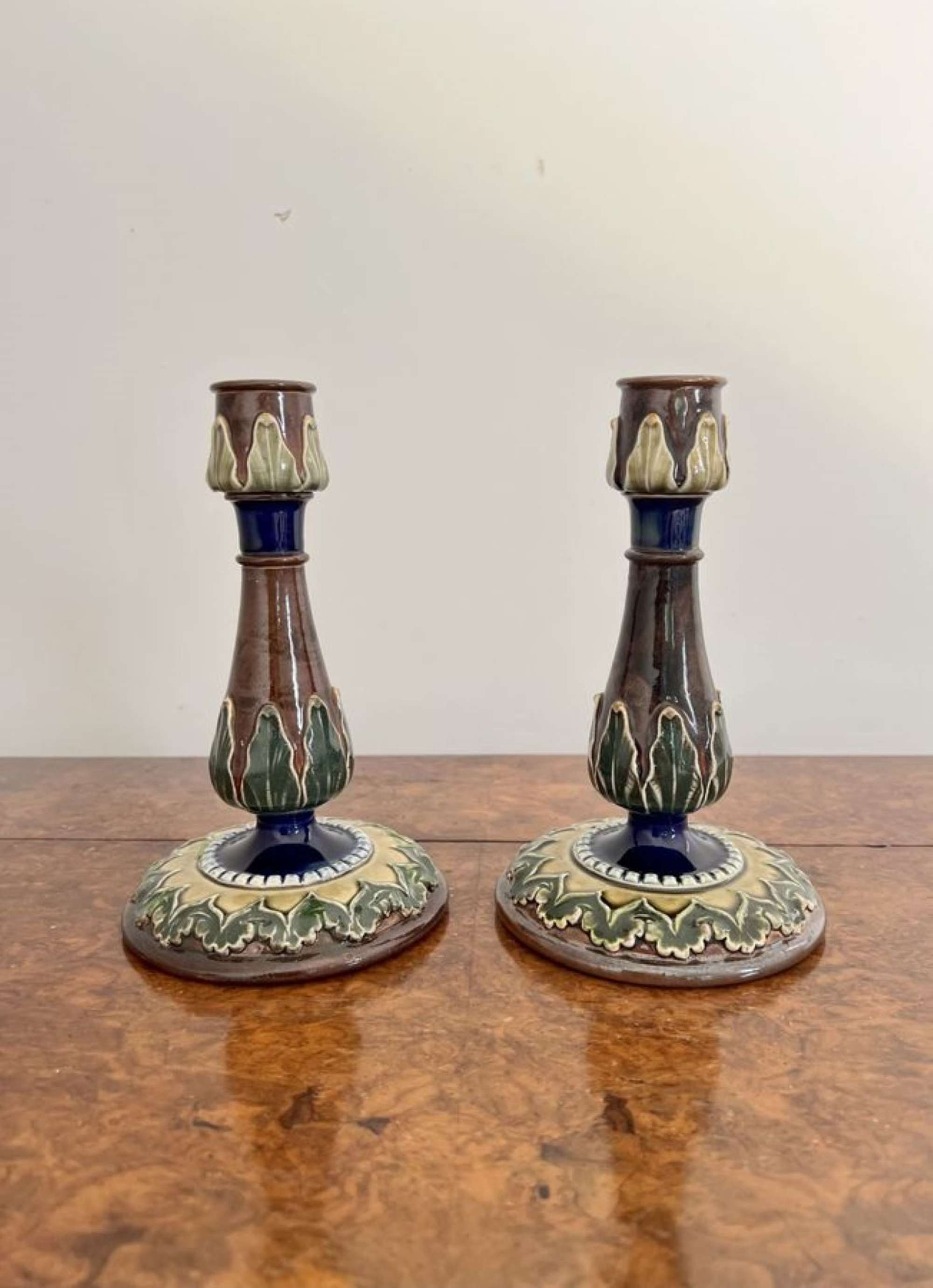 Attractive pair of antique Royal Doulton candlesticks