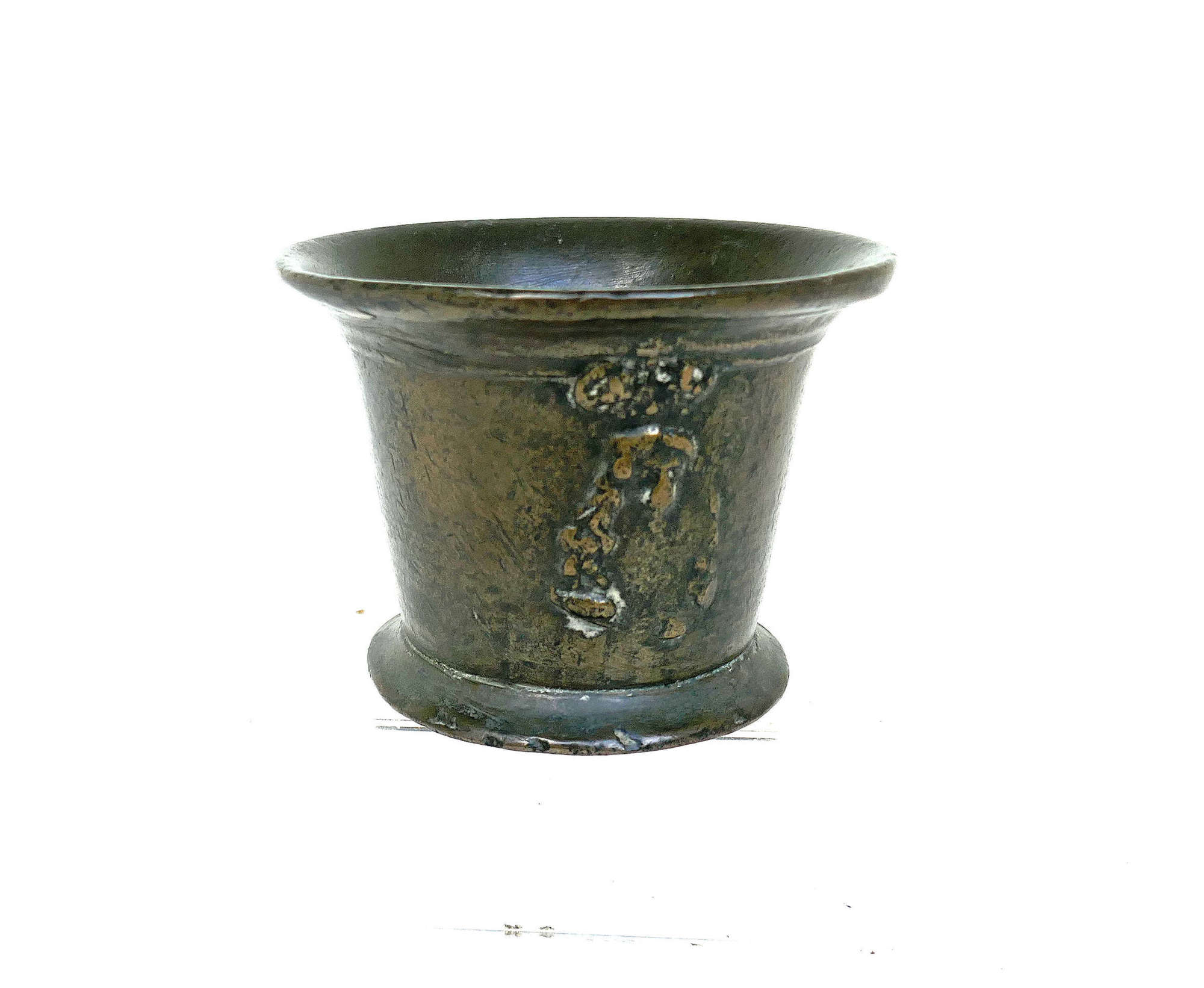 Antique Early Metalware 17thc Bronze Mortar With Charles 11 Motif .