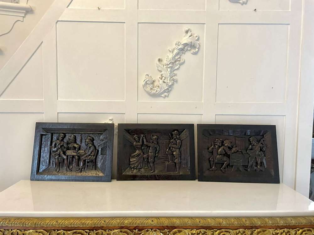 Outstanding Quality Set Of 3 Antique Victorian Carved Oak Panels