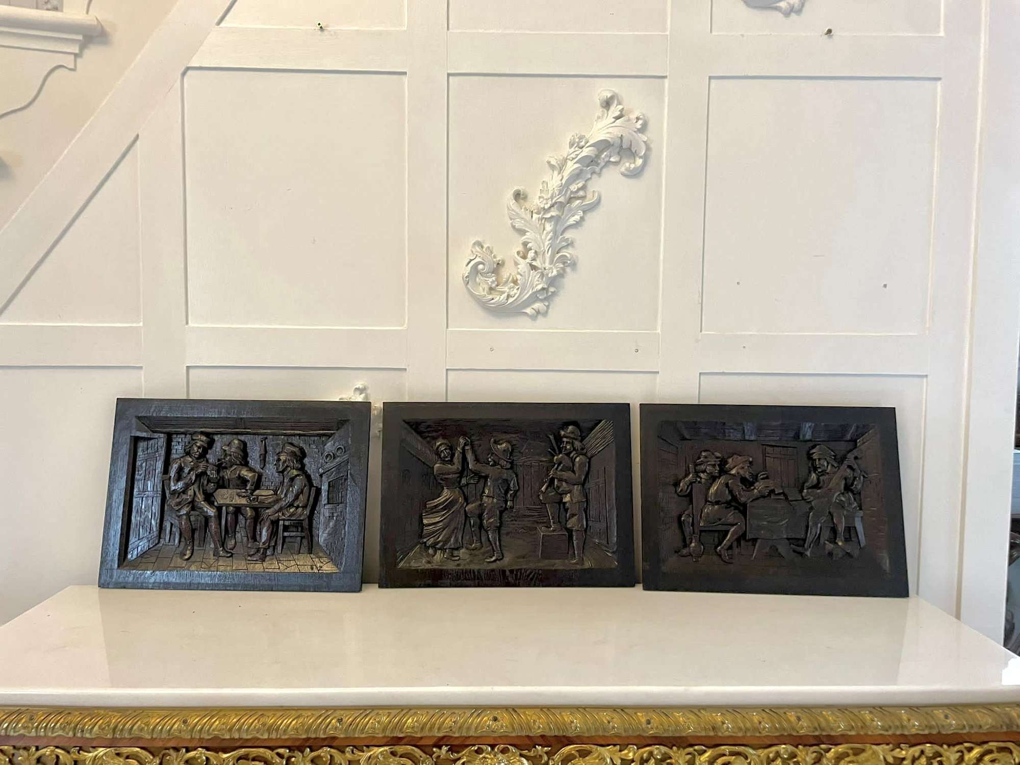 Outstanding Quality Set of 3 Antique Victorian Carved Oak Panels