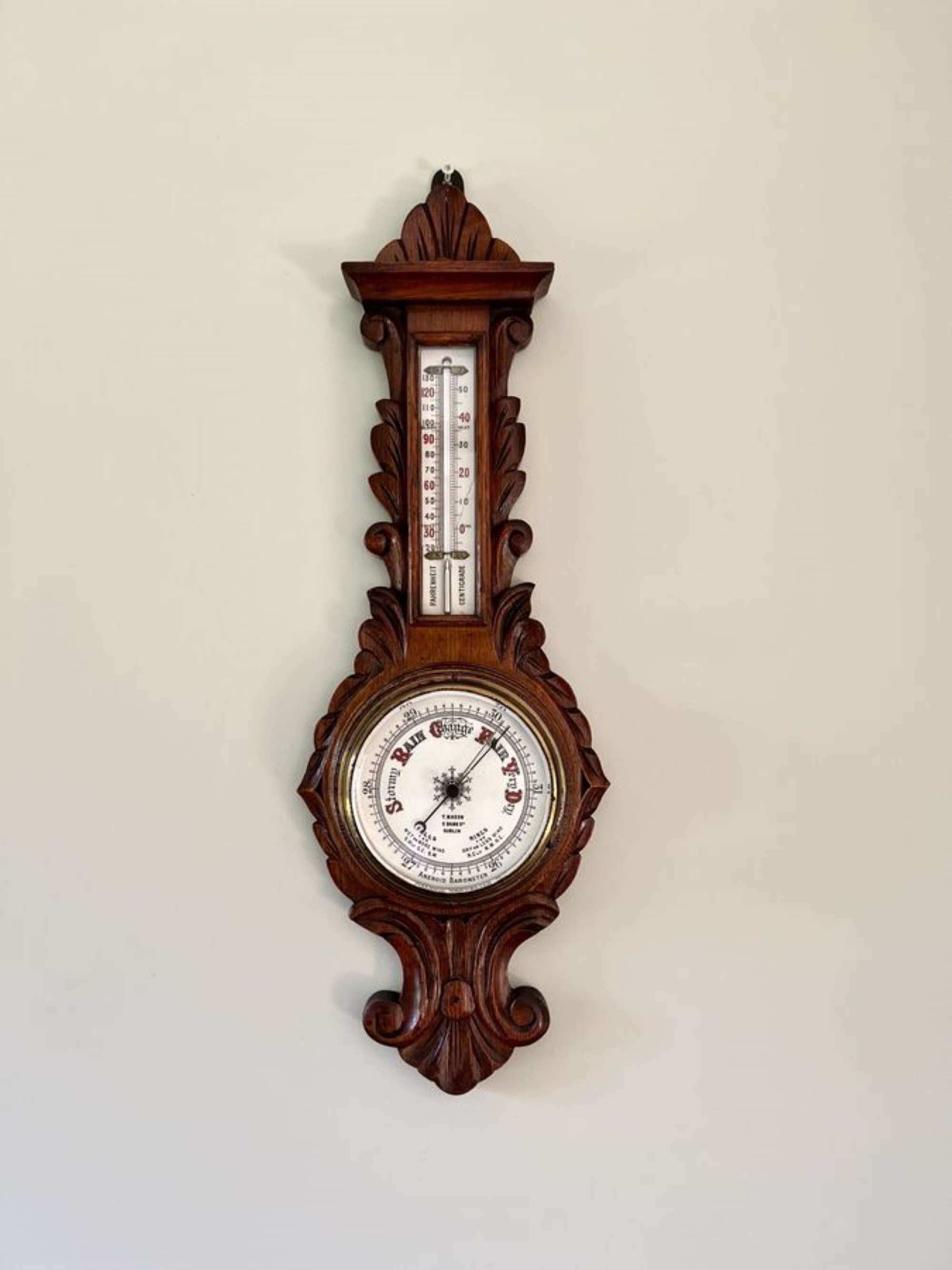 Lovely antique carved oak banjo barometer