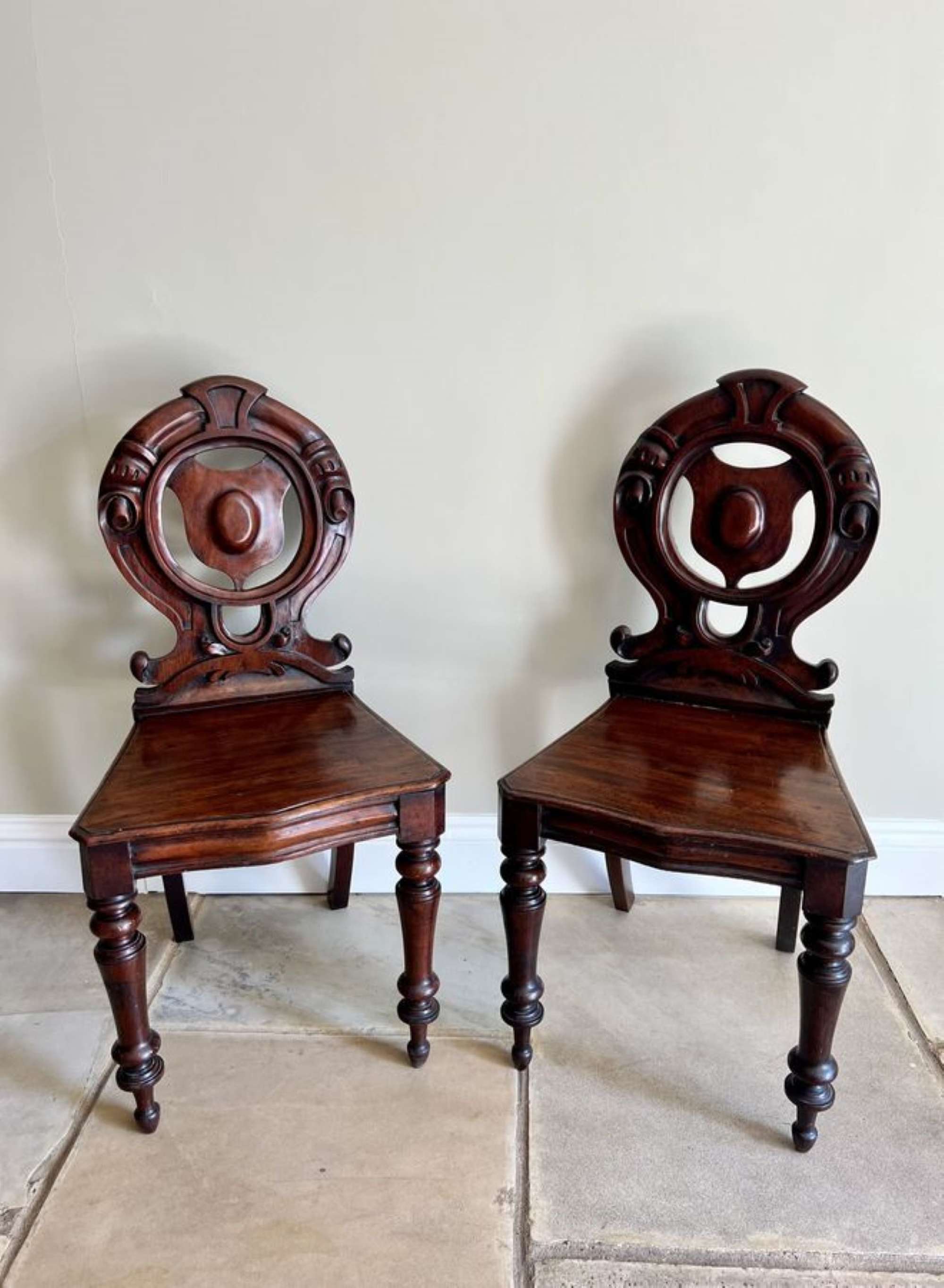 Quality pair of antique Victorian quality carved mahogany hall chairs