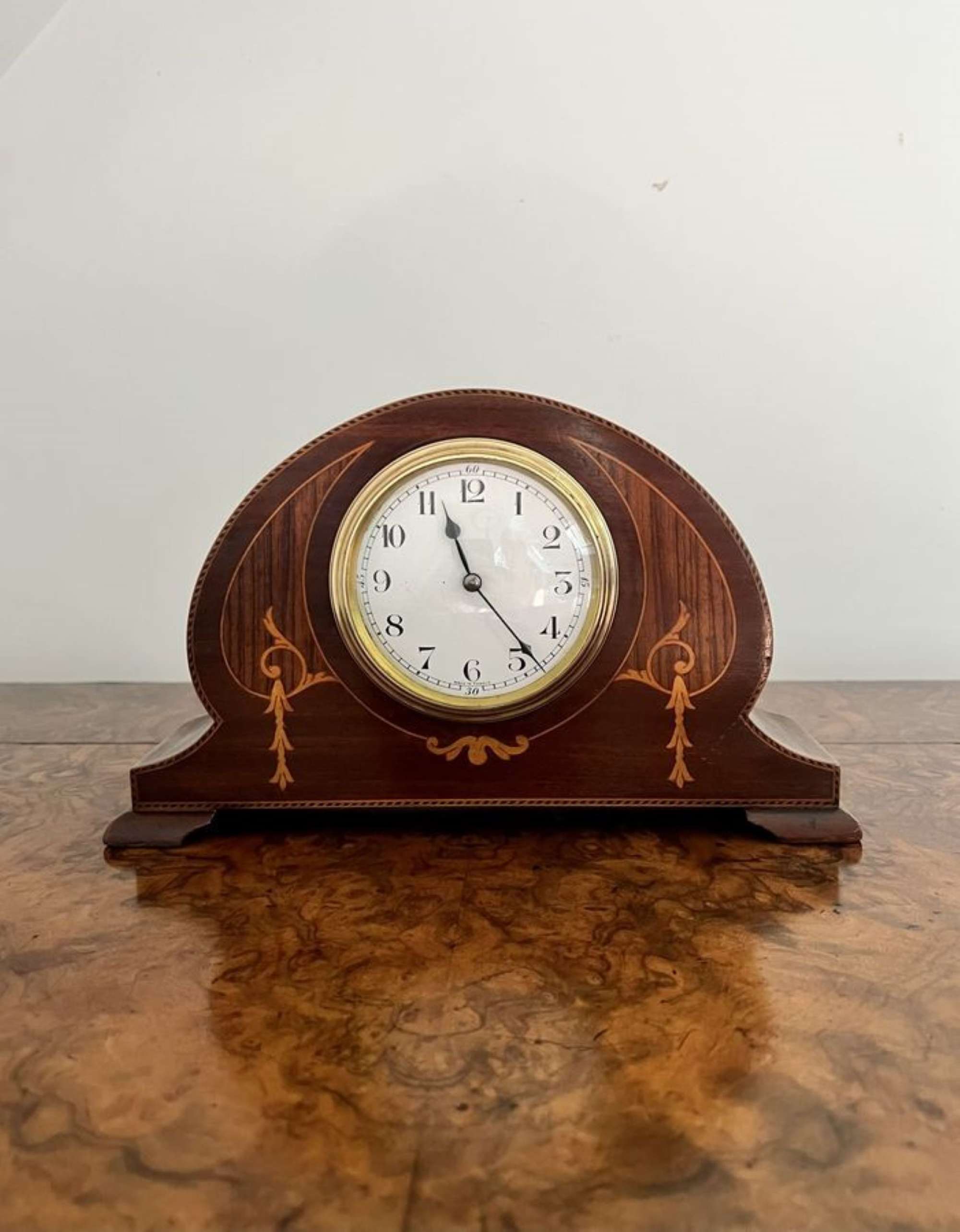 Antique Edwardian quality mahogany inlaid desk clock
