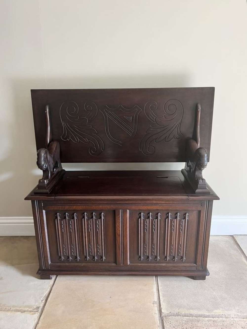 Antique Quality Carved Oak Monks Bench