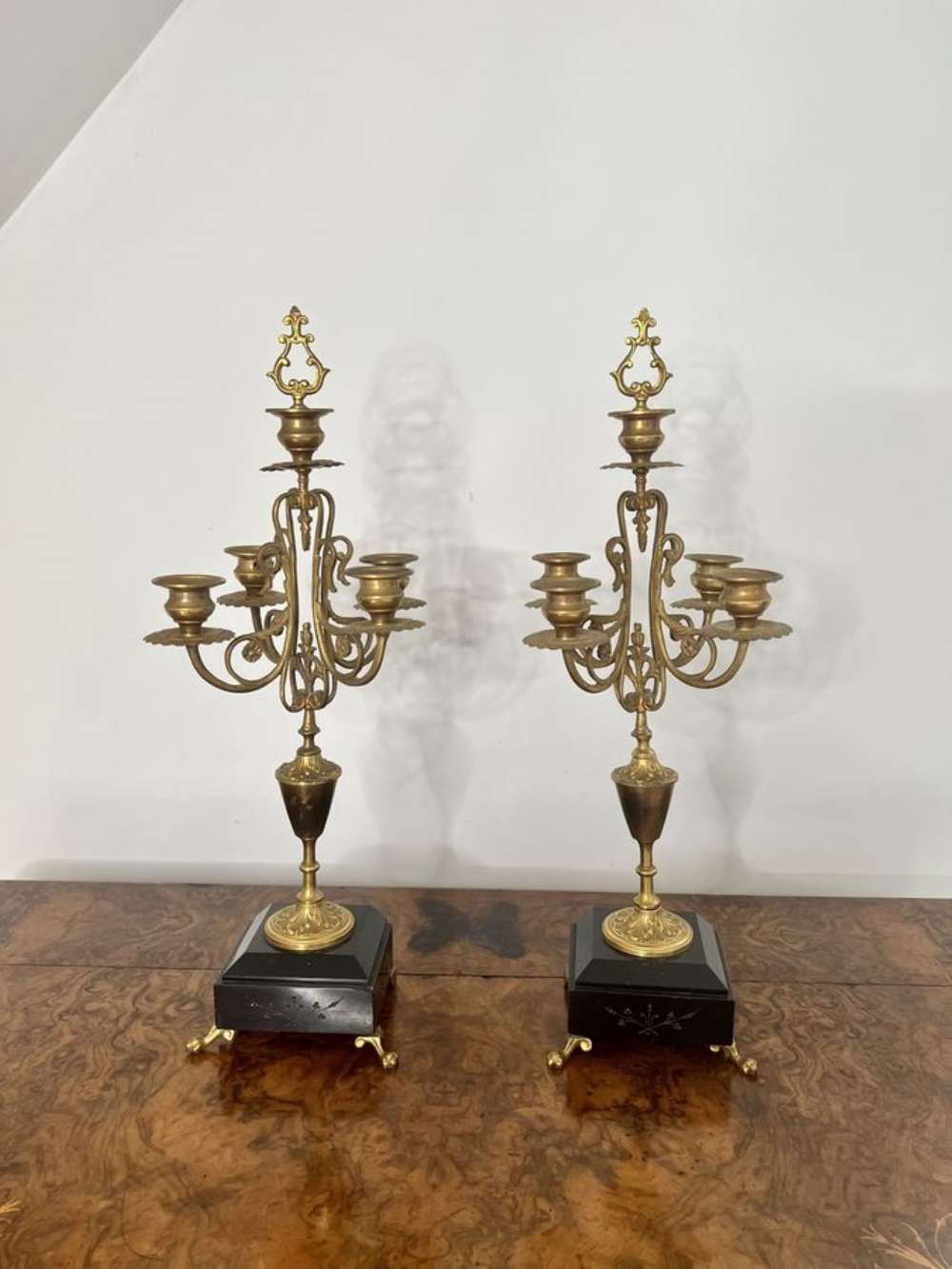 Pair Of Antique Victorian Quality Brass And Marble Candelabras