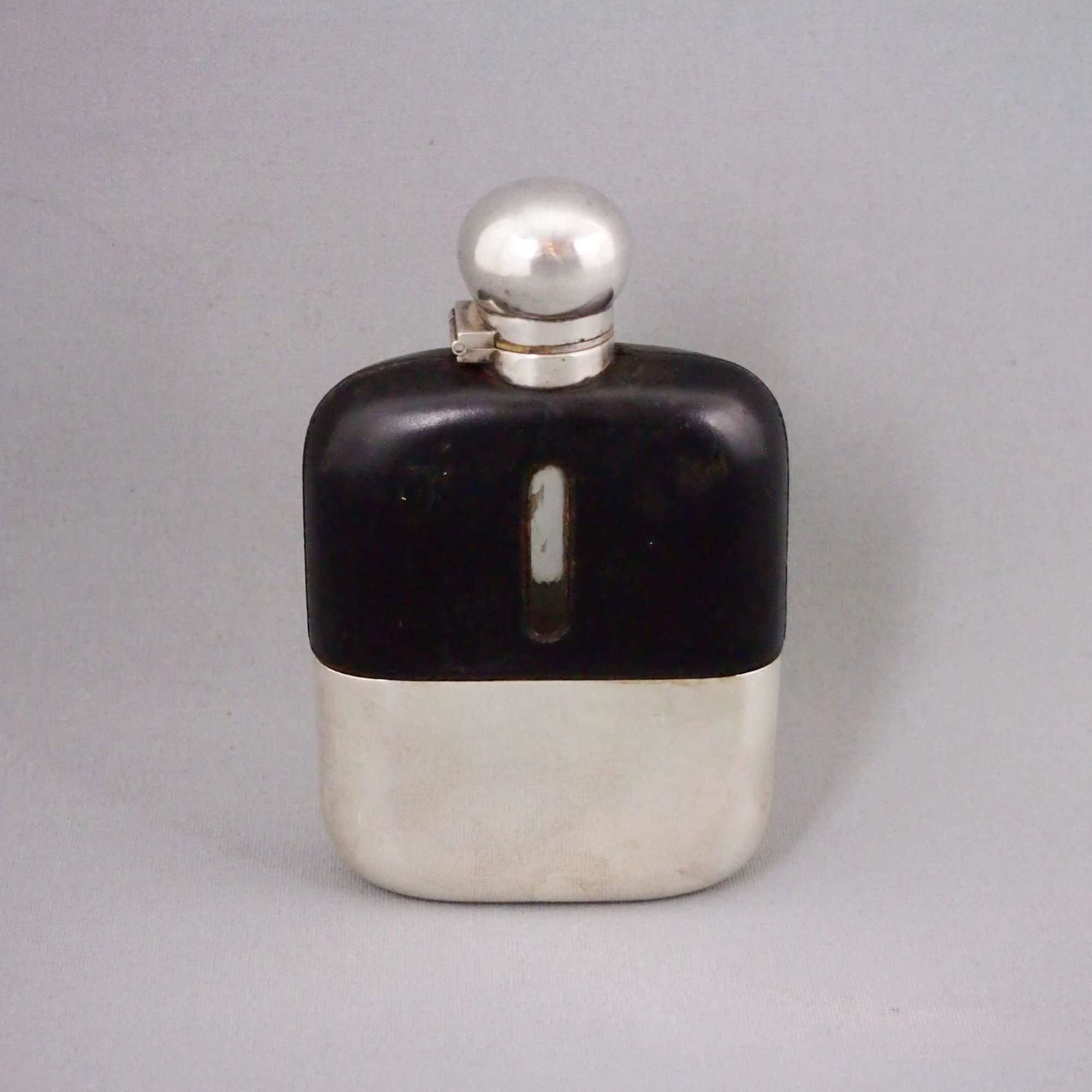 Silver Plate & Black Leather Hip Flask