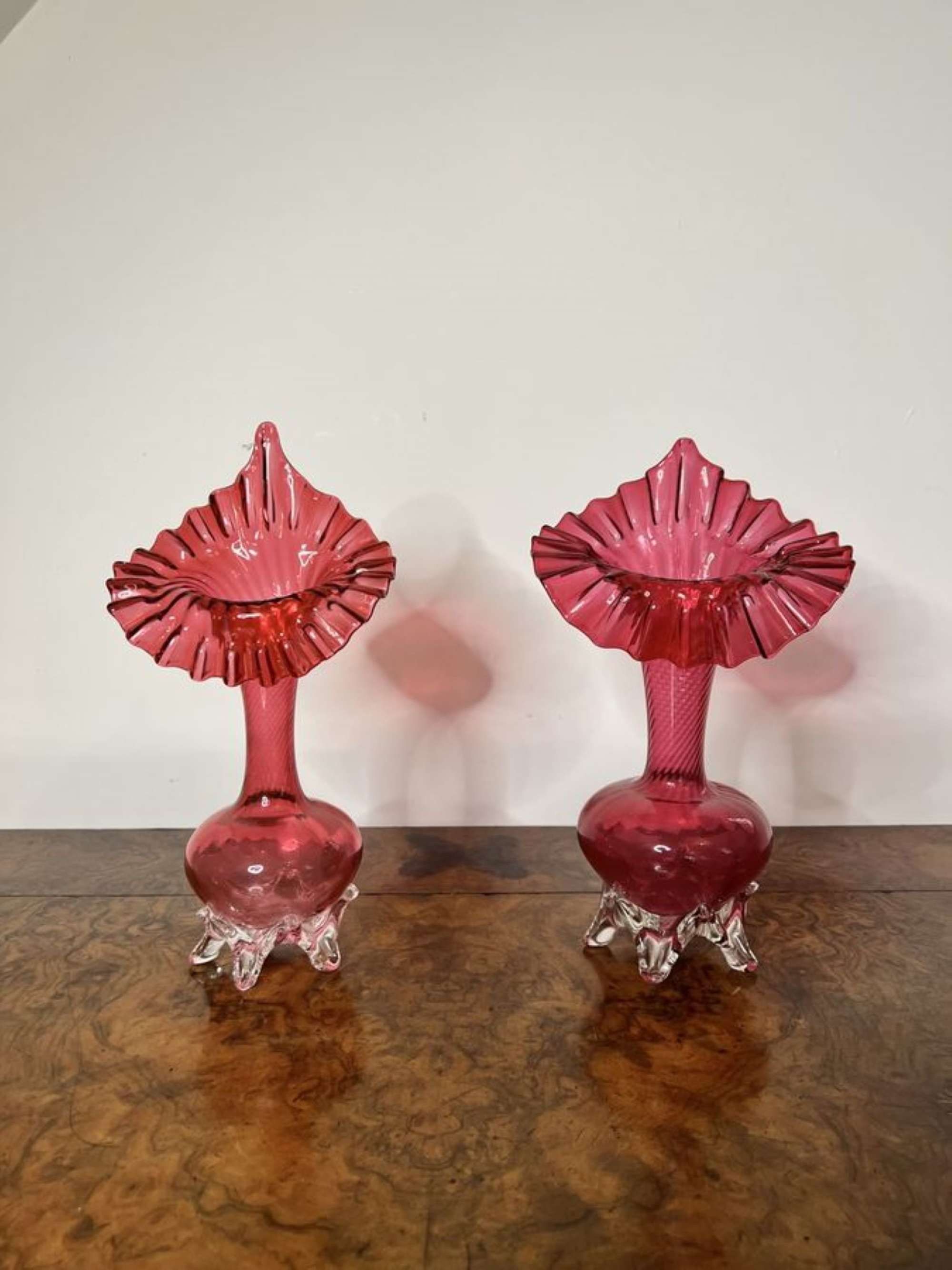 Quality Pair Of Antique Victorian Cranberry Glass Jack In The Pulpit Vases