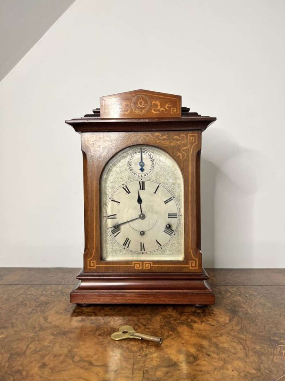 Antique Edwardian Quality Rosewood Inlaid Chiming 8 Day Mantle Clock