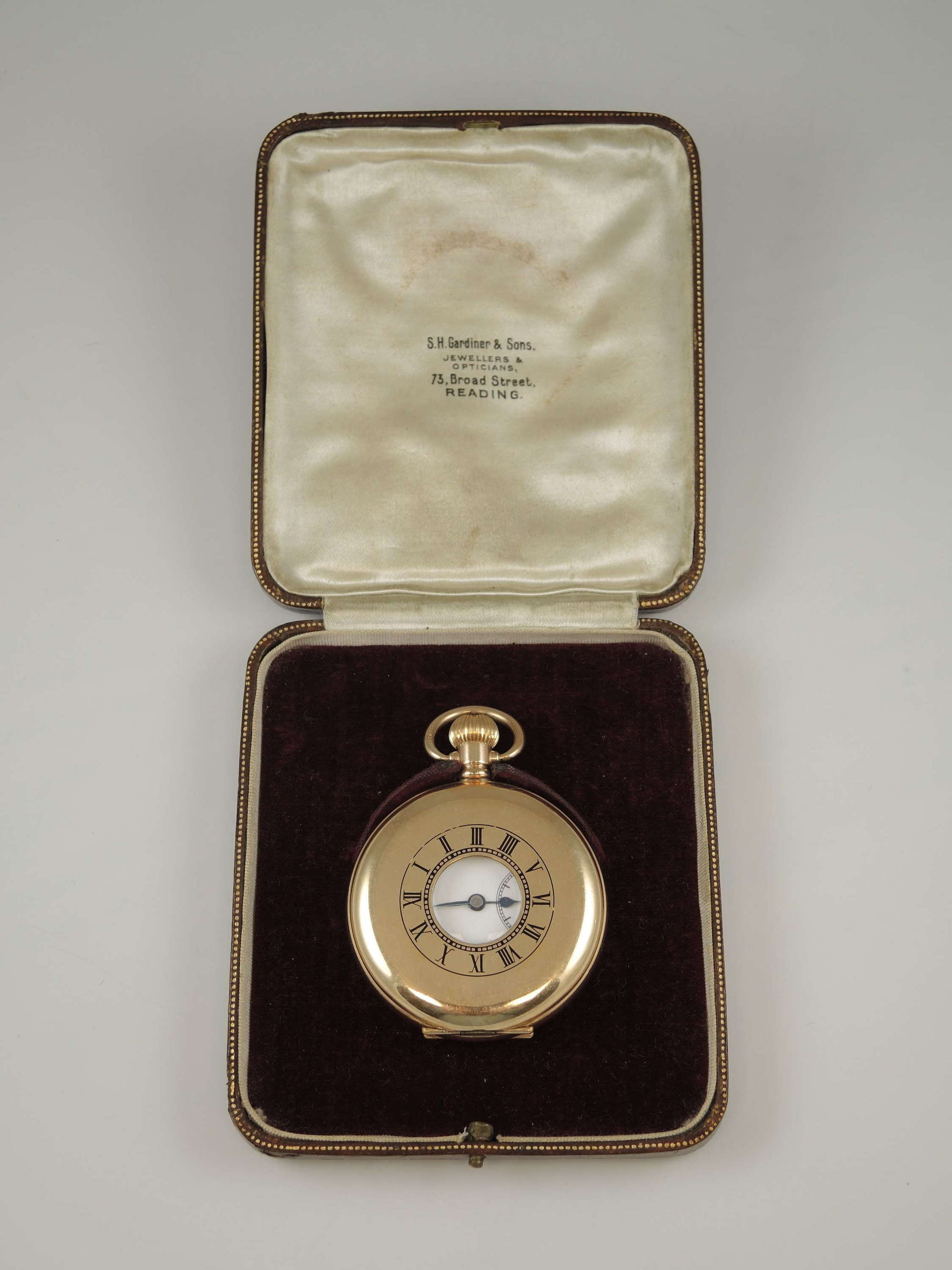 Vintage gold plated half hunter pocket watch. w/ Box 1910