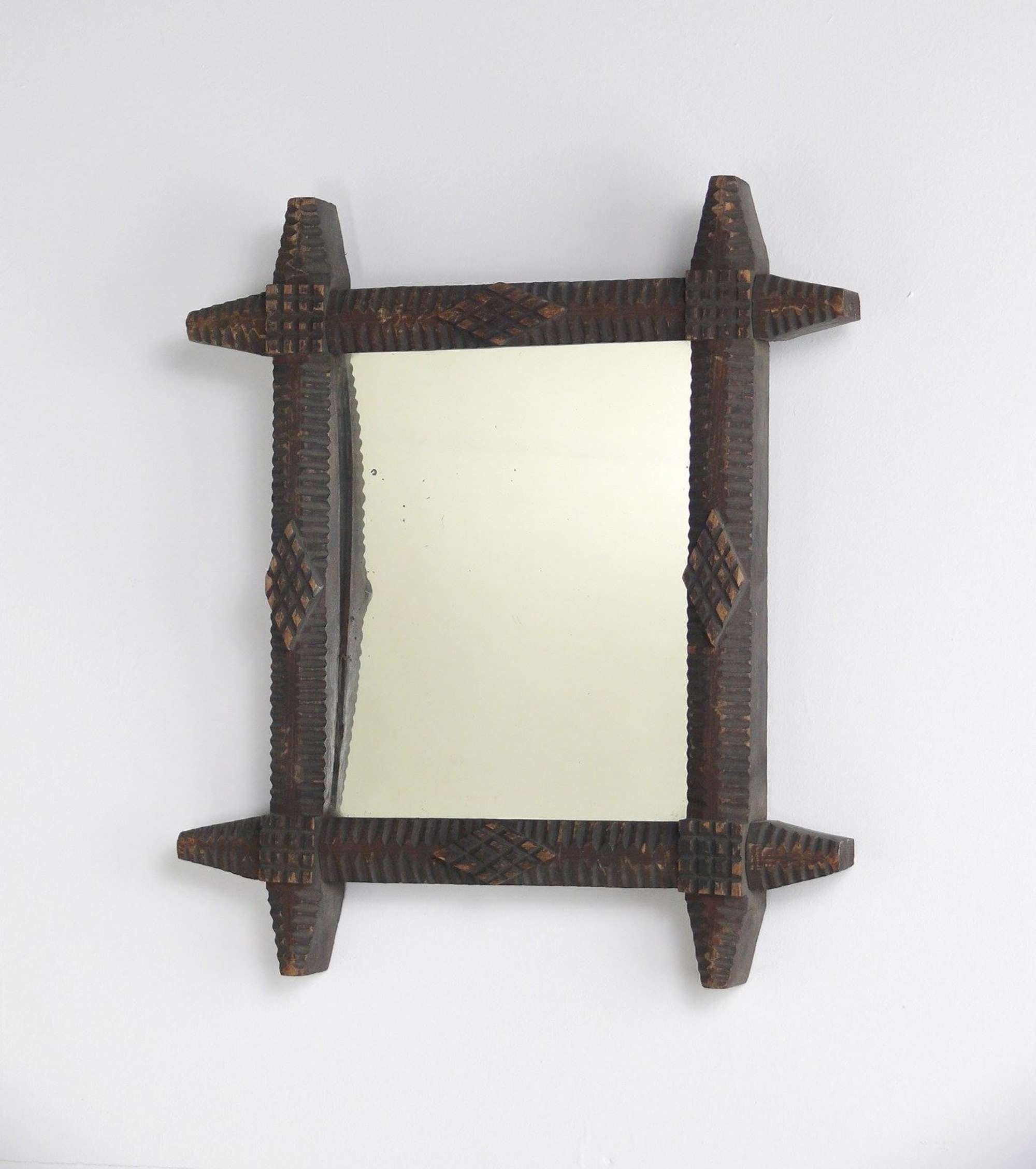 Tramp Art Mirror With Concave Glass